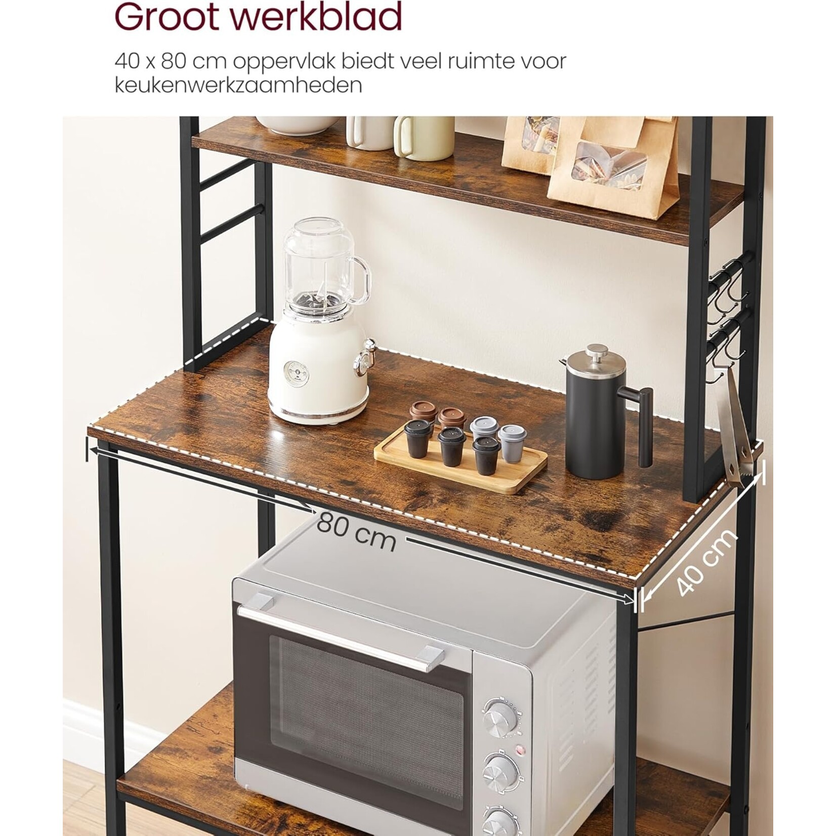 Bobbel Home Upright Kitchen Rack - Incl 6 shelves and 6 hooks - Industrial Design - Brown & Black