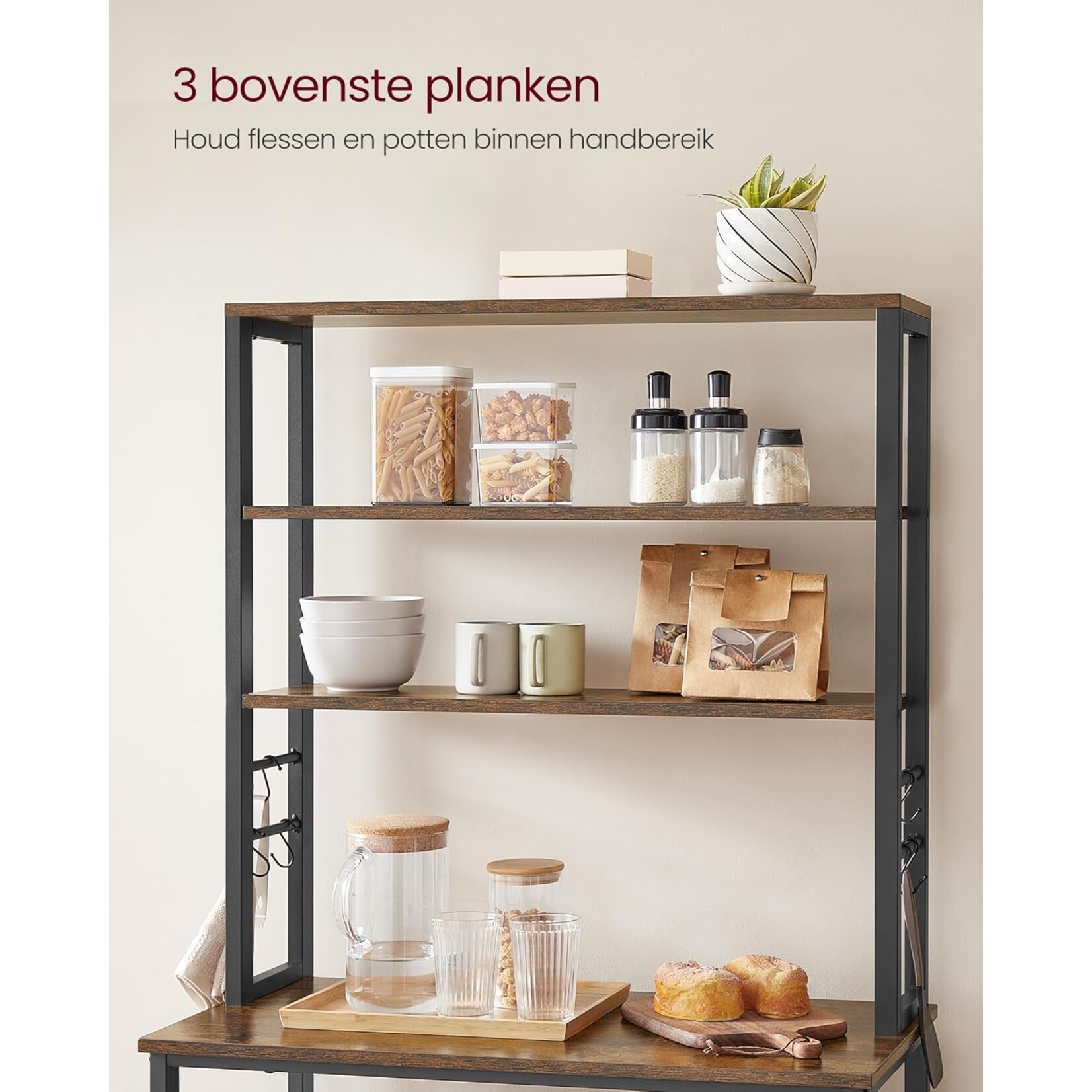 Bobbel Home Upright Kitchen Rack - Incl 6 shelves and 6 hooks - Industrial Design - Brown & Black