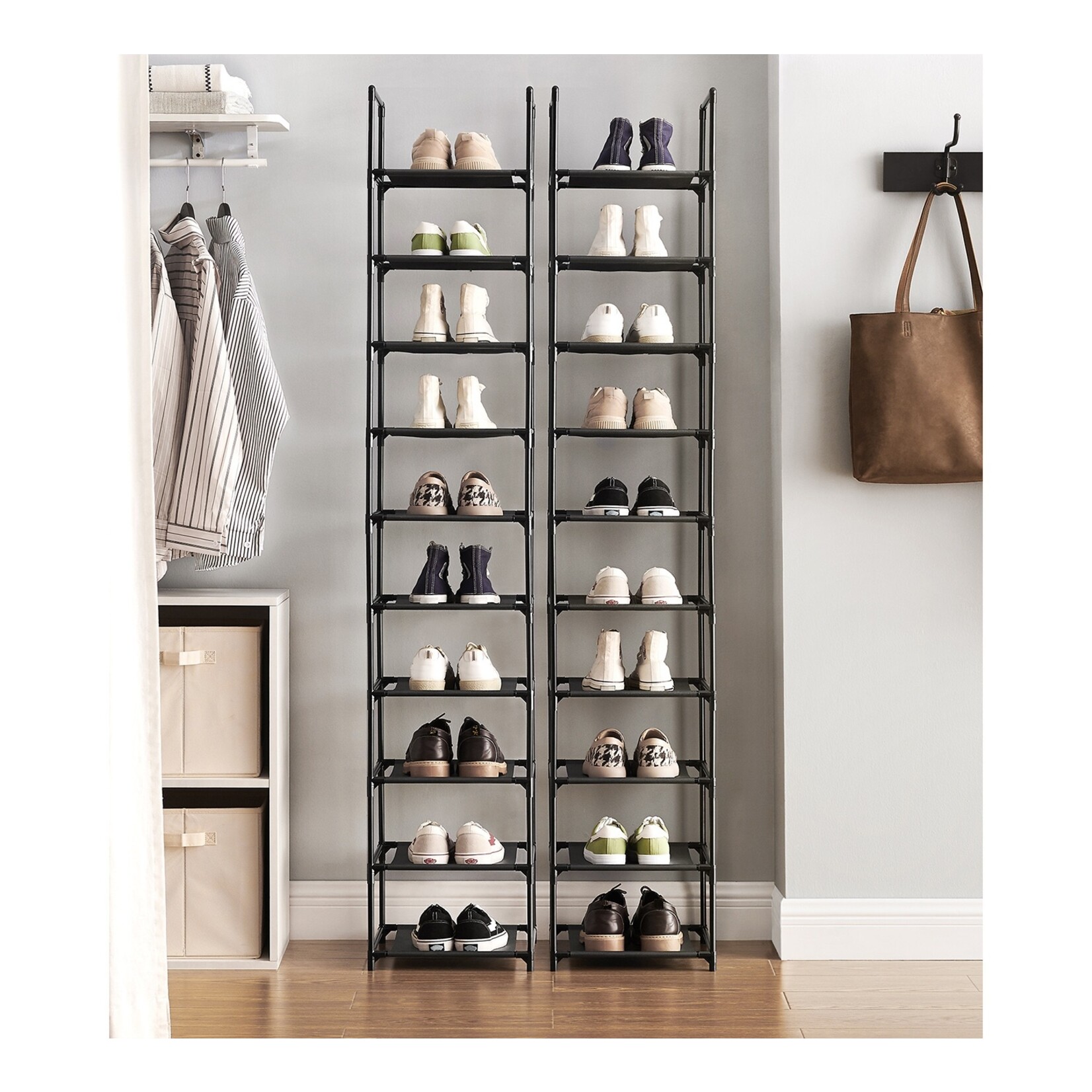 Shoe rack with 10 levels, shoe rack, 33 x 33 x 173 cm, metal frame, fleece fabric, for entryway, bedroom, black