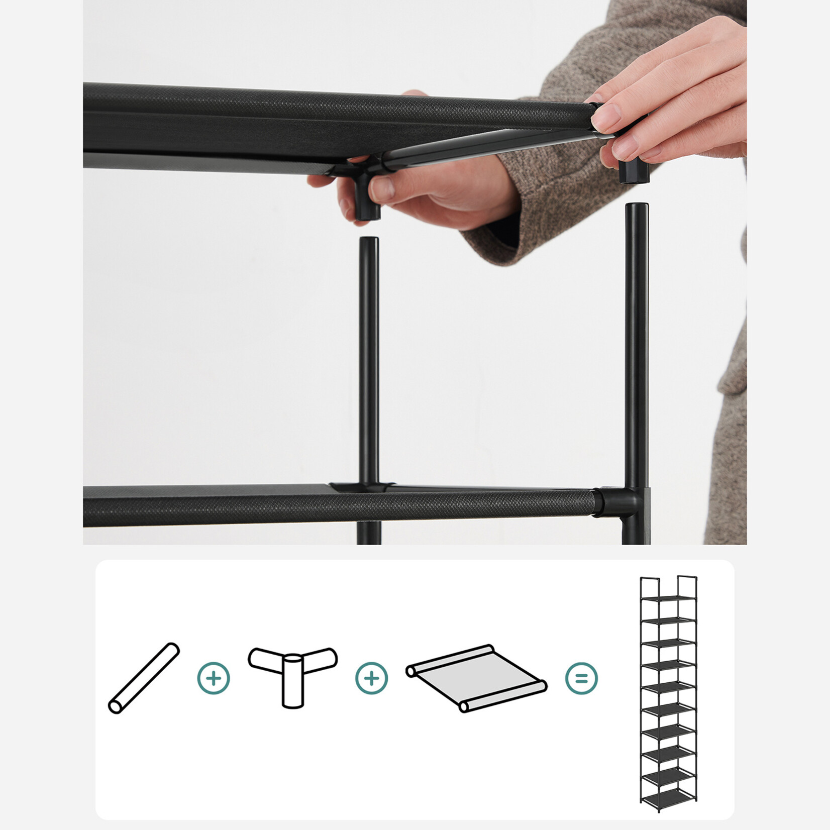 Shoe rack with 10 levels, shoe rack, 33 x 33 x 173 cm, metal frame, fleece fabric, for entryway, bedroom, black
