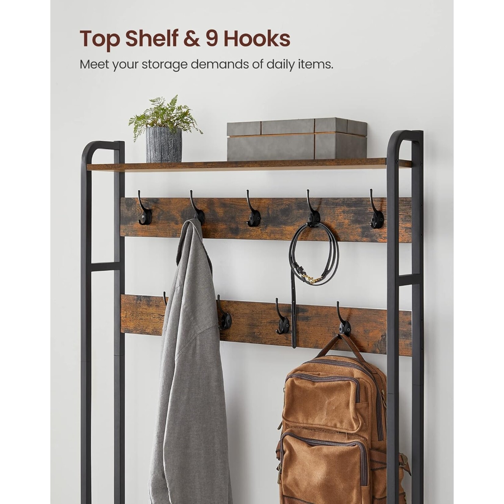 Parya Home Coat rack with shoe cabinet - coat rack with bench - clothes rack - shoe rack - 9 hooks - top shelf - for hallway - bedroom - industrial design - vintage brown - black