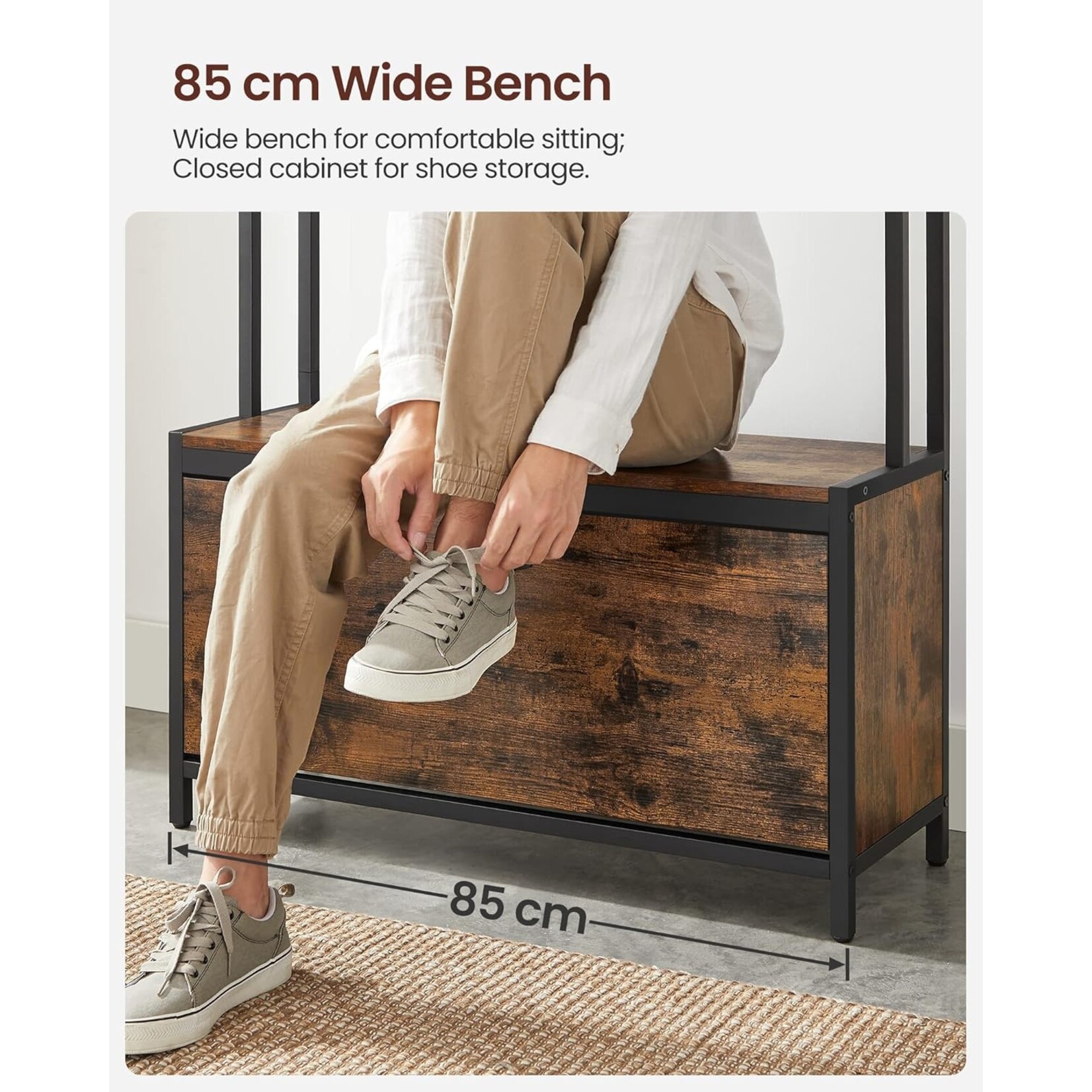 Parya Home Parya Home Coat rack with shoe cabinet - coat rack with bench - clothes rack - shoe rack - 9 hooks - top shelf - for hallway - bedroom - industrial design - vintage brown - black