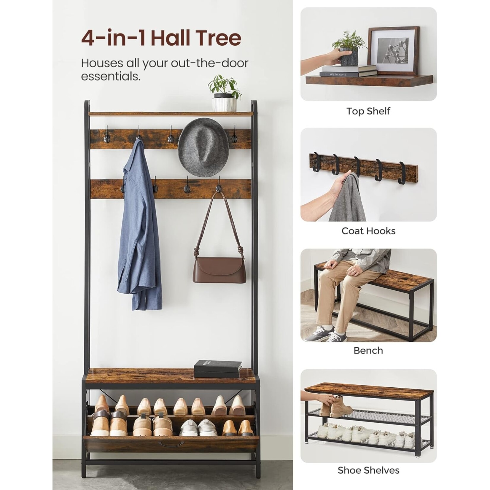 Parya Home Parya Home Coat rack with shoe cabinet - coat rack with bench - clothes rack - shoe rack - 9 hooks - top shelf - for hallway - bedroom - industrial design - vintage brown - black