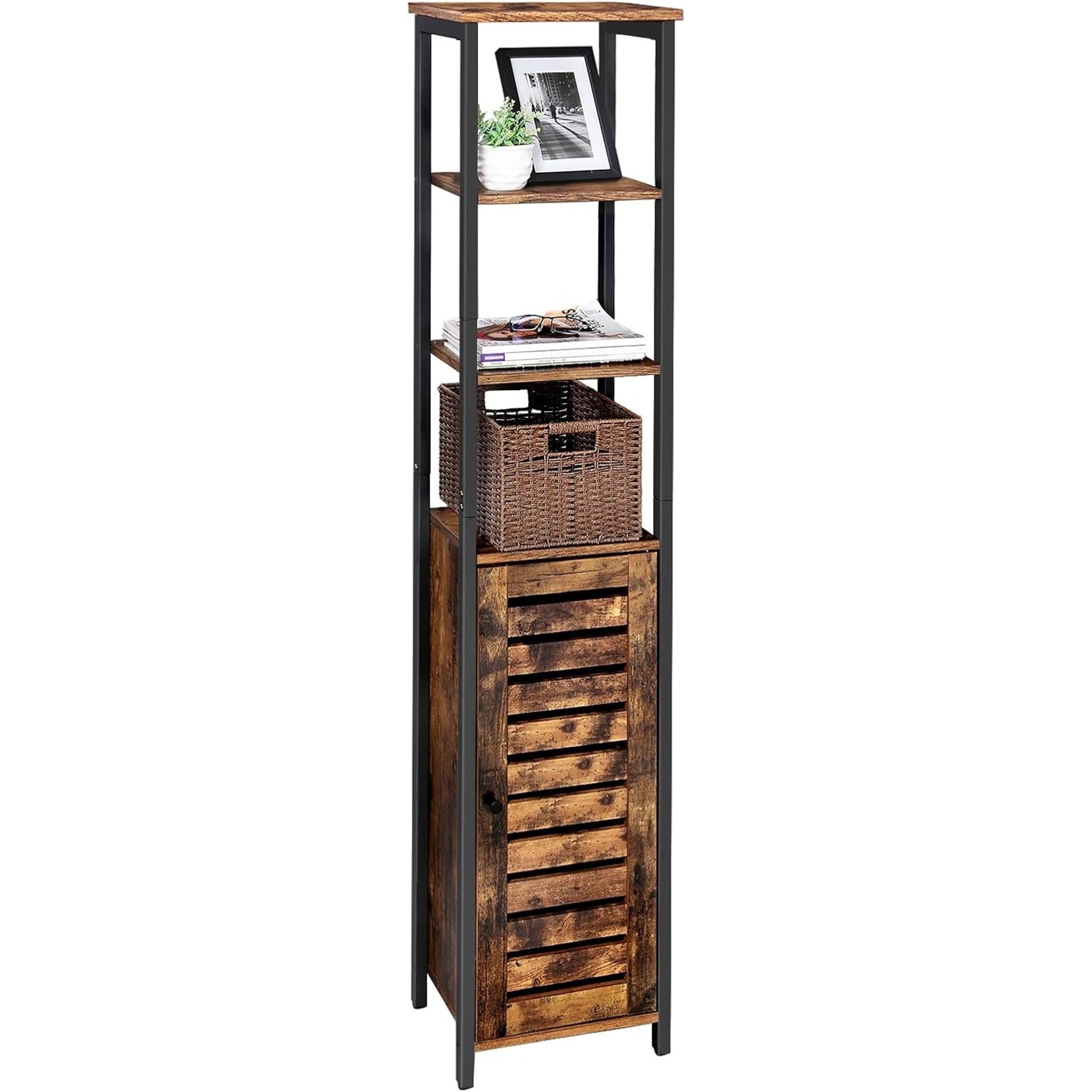 Parya Home Opbergkast - Staande Kast - Industrieel - Smalle Badkamer Kast - 3 Open Planken - 37 x 30 x 167 cm - Rustiek Bruin