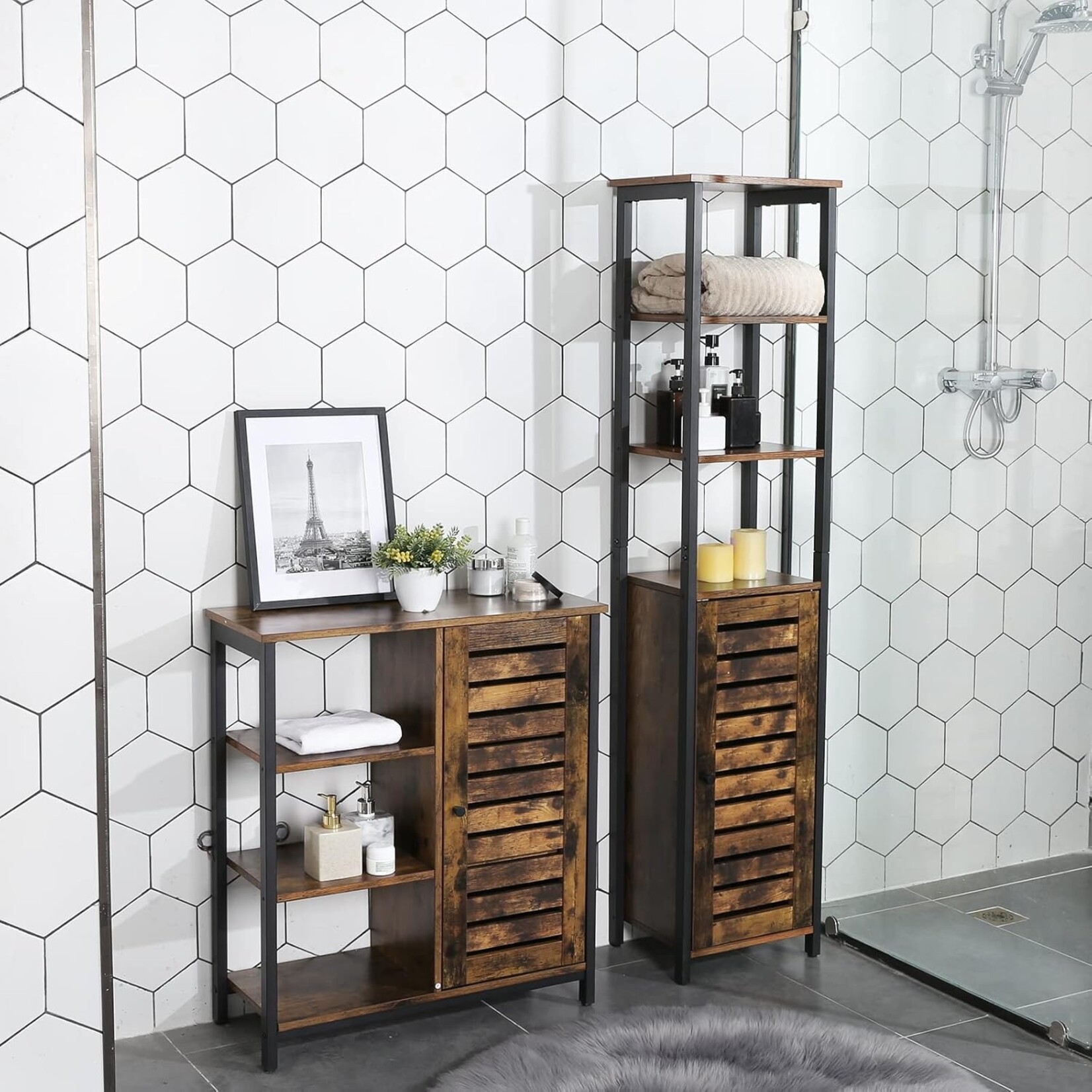Parya Home Storage Cabinet - Standing Cabinet - Industrial - Narrow Bathroom Cabinet - 3 Open Shelves - 37 x 30 x 167 cm - Rustic Brown