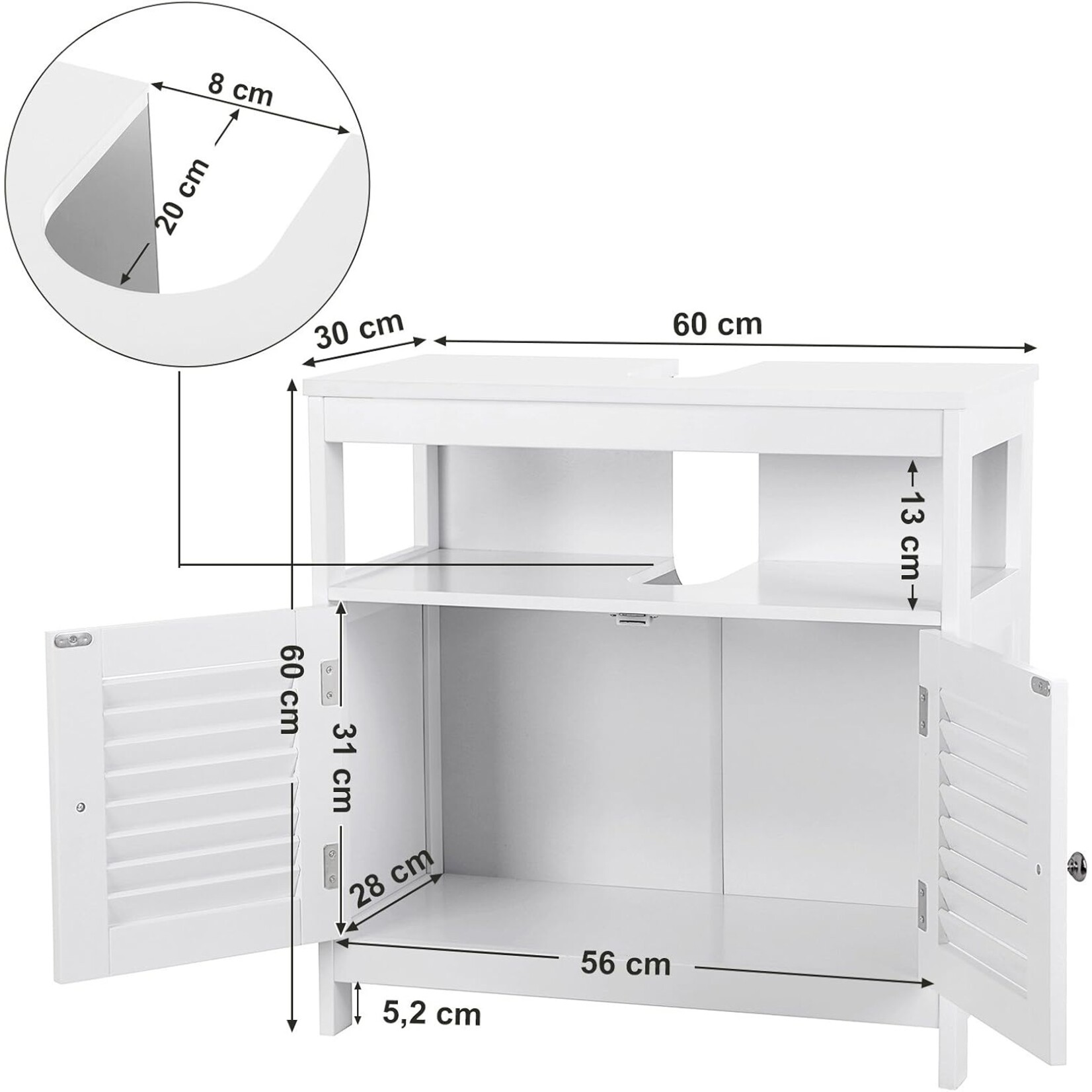 Parya Home Sink base cabinet, base cabinet without sink, storage, lots of storage, bathroom cabinet with slatted doors, 2 compartments, white, 60 x 60 x 30 cm (W x H x D)