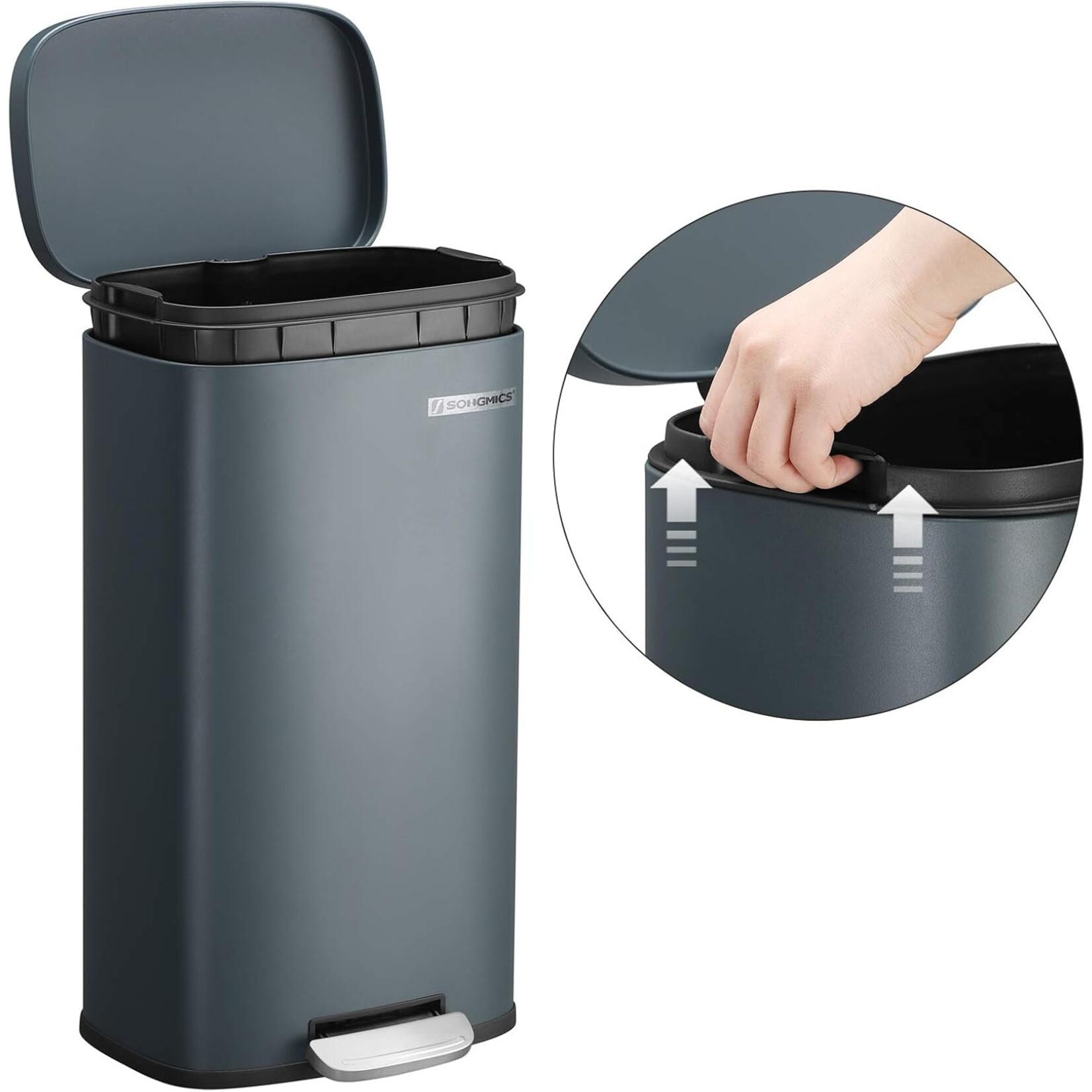 Parya Home Waste garbage can for kitchen, 30L waste garbage can with pedal, pedal bin with plastic inner bucket, hinged lid, softclose, odorproof and hygienic, smoke gray