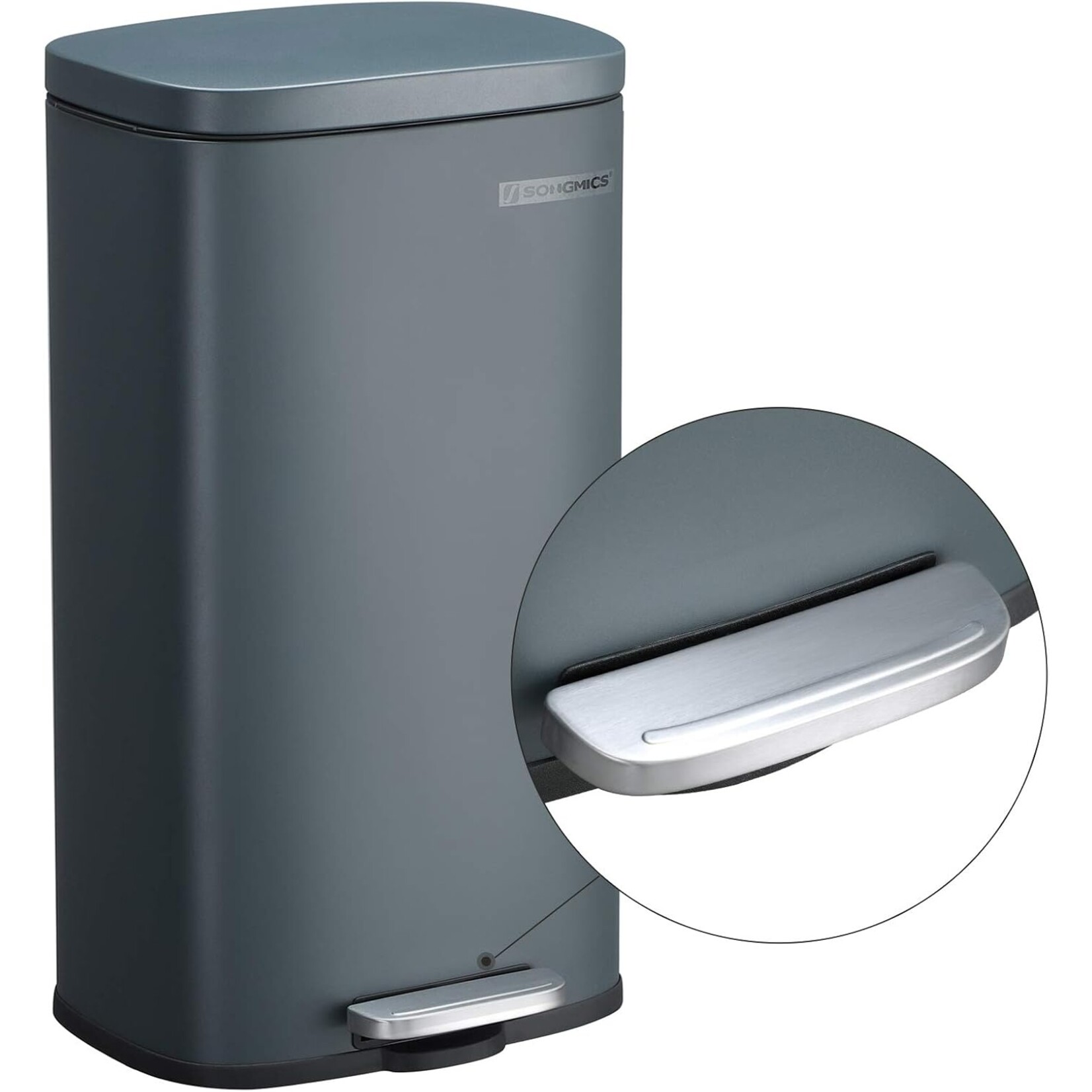 Parya Home Waste garbage can for kitchen, 30L waste garbage can with pedal, pedal bin with plastic inner bucket, hinged lid, softclose, odorproof and hygienic, smoke gray