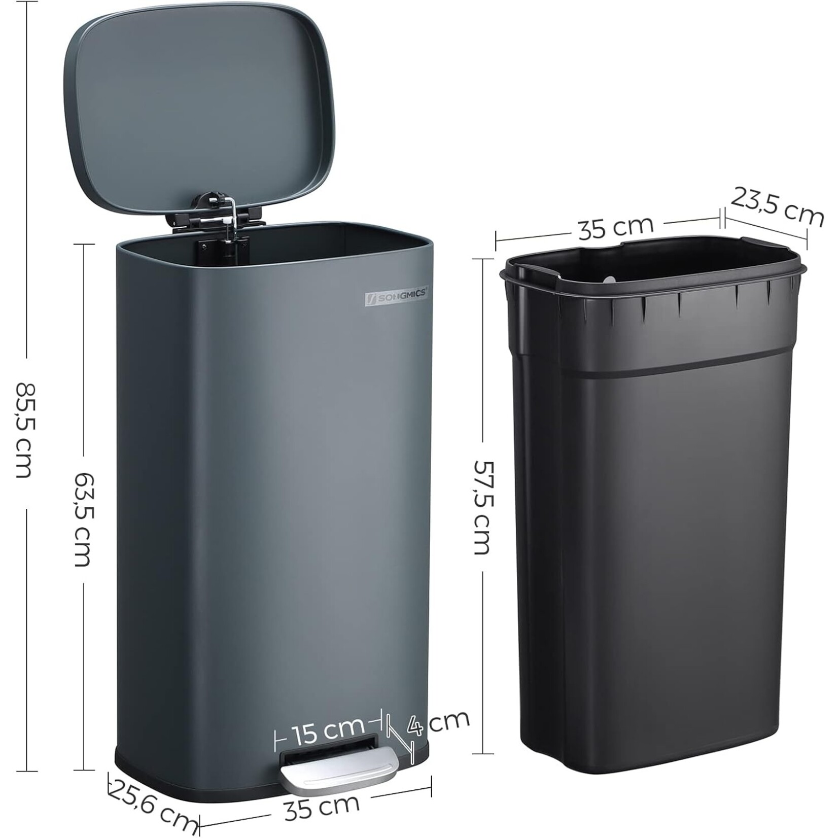 Parya Home Afvalemmer voor de keuken, 30L afvalemmer met pedaal, pedaalemmer met kunststof binnenemmer, klapdeksel, softclose, geurdicht en hygiënisch, rookgrijs