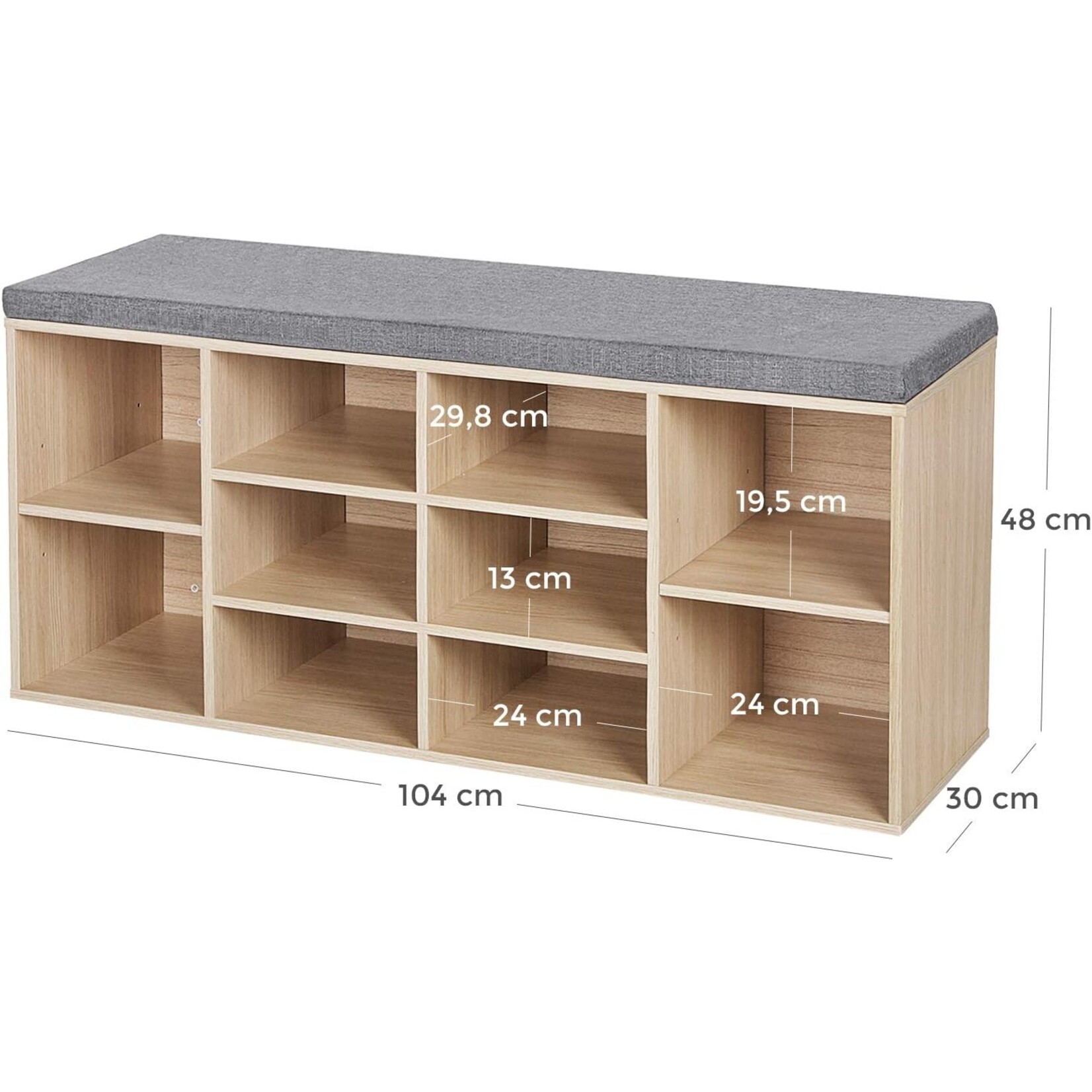 Parya Home Shoe bench, shoe rack, storage cabinet, 10 compartments, with cushion, for entrance, 104 x 30 x 48 cm