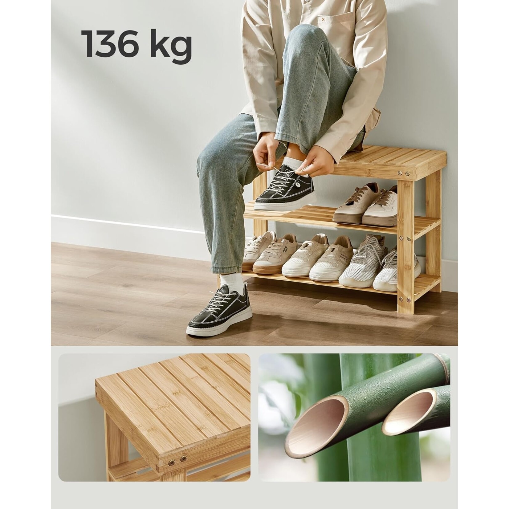 Parya Home Parya Home Coat rack and shoe bench, entrance furniture, multifunctional, 5 metal double hooks, 3-tier bamboo shoe rack, for hallway, bedroom, natural beige