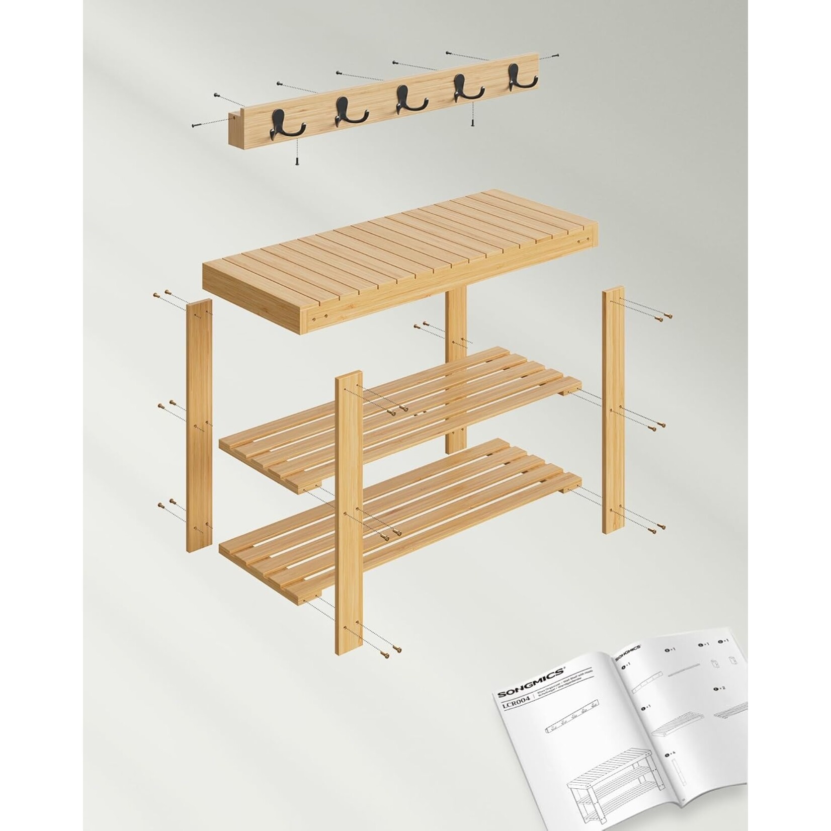 Parya Home Parya Home Kapstok en schoenenbank, entreemeubel, multifunctioneel, 5 metalen dubbele haken, 3-laags bamboe schoenenrek, voor gang, slaapkamer, natuurlijk beige