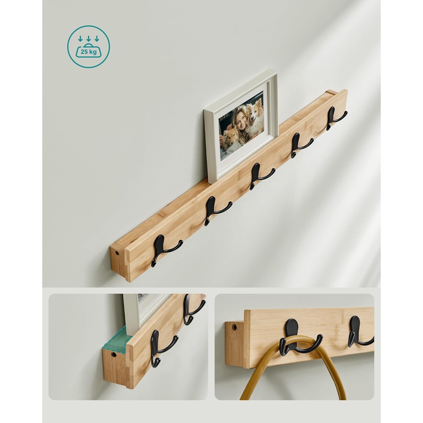 Parya Home Parya Home Coat rack and shoe bench, entrance furniture, multifunctional, 5 metal double hooks, 3-tier bamboo shoe rack, for hallway, bedroom, natural beige