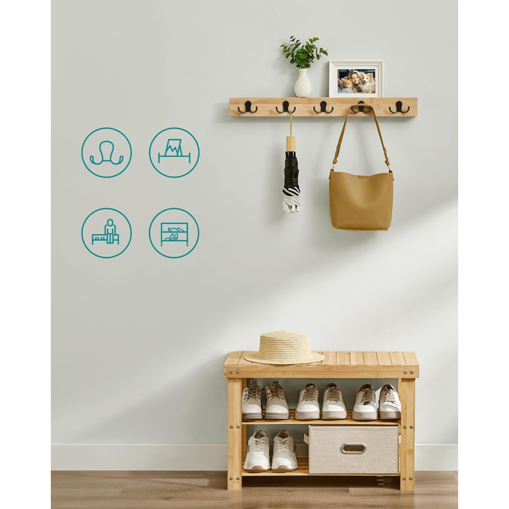 Parya Home Parya Home Coat rack and shoe bench, entrance furniture, multifunctional, 5 metal double hooks, 3-tier bamboo shoe rack, for hallway, bedroom, natural beige