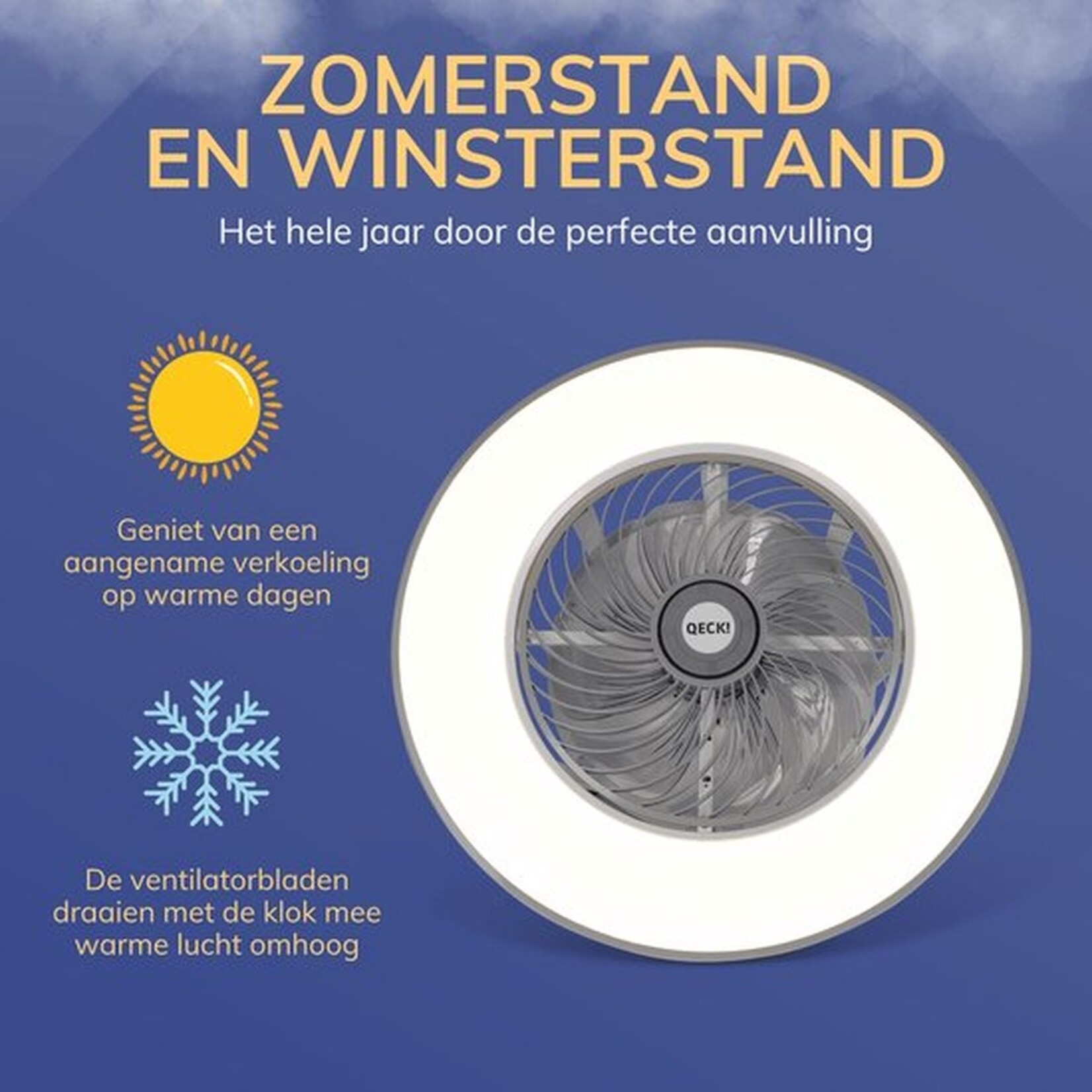 Qeck QECK!® Plafonventilator - Plafondventilator - met Verlichting – Energiezuinig – Warme&Koude Lucht – Geruisloos – met Afstandsbediening – Zomer en Winter Functie - Ø52 cm