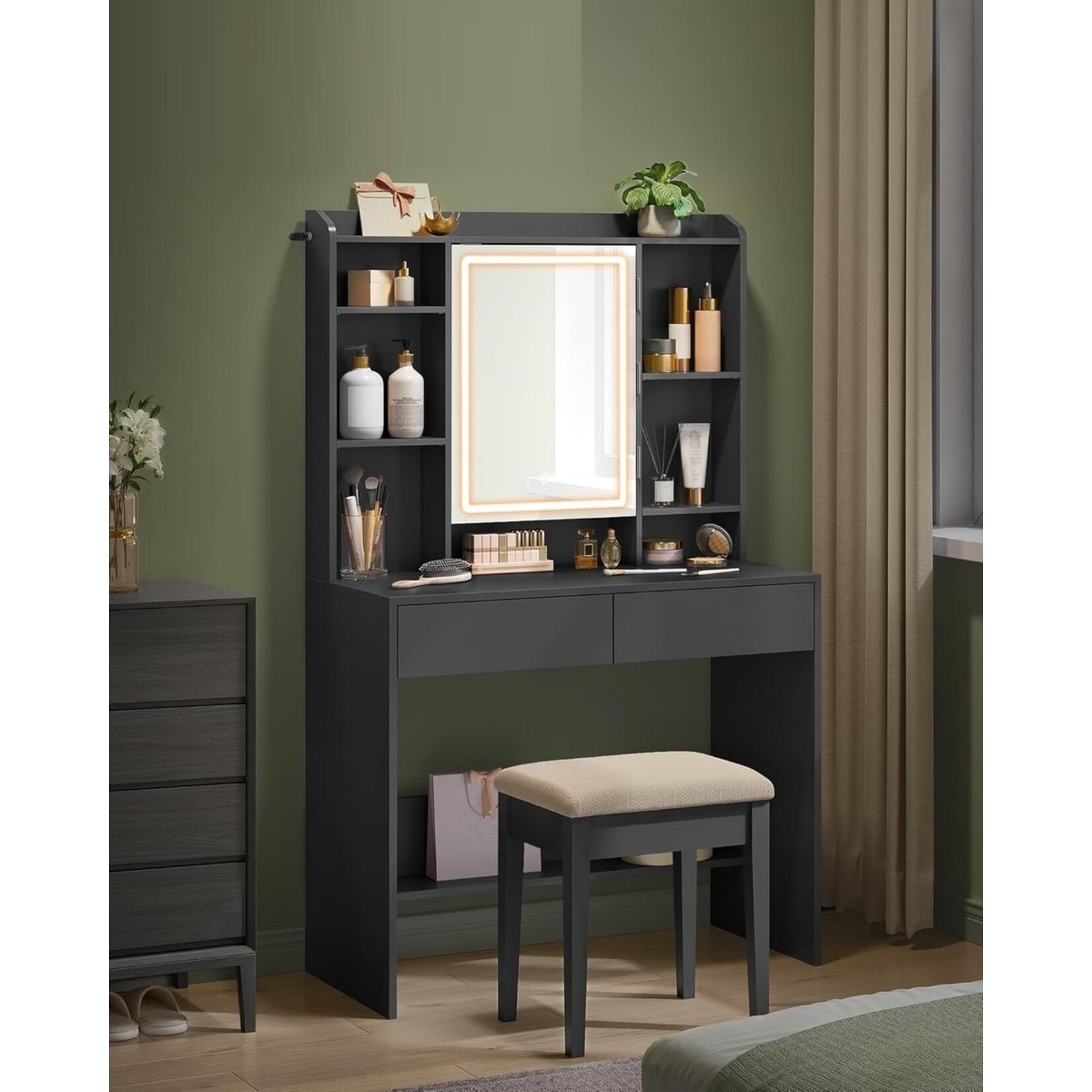 Bobbel Home Zwarte kaptafel met spiegel en LED verlichting, dimbaar, 3 lichtstanden, moderne make up tafel met lades