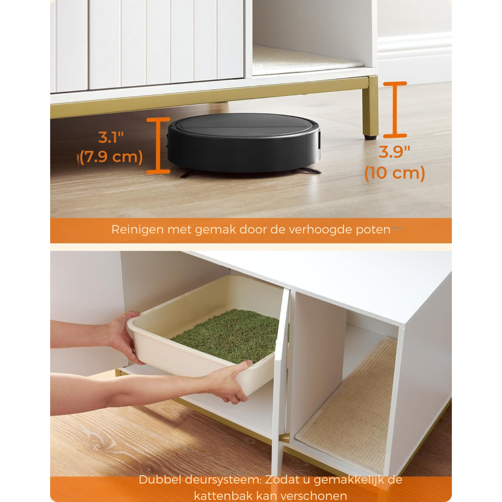 Bobbel Home Bobbel Home Luxe Kattenbak Meubel – Stijlvolle Verborgen Kattenbak met Krabmat, Hoge Poten & Bijzettafel – Wit & Goud (80x50x55 cm)