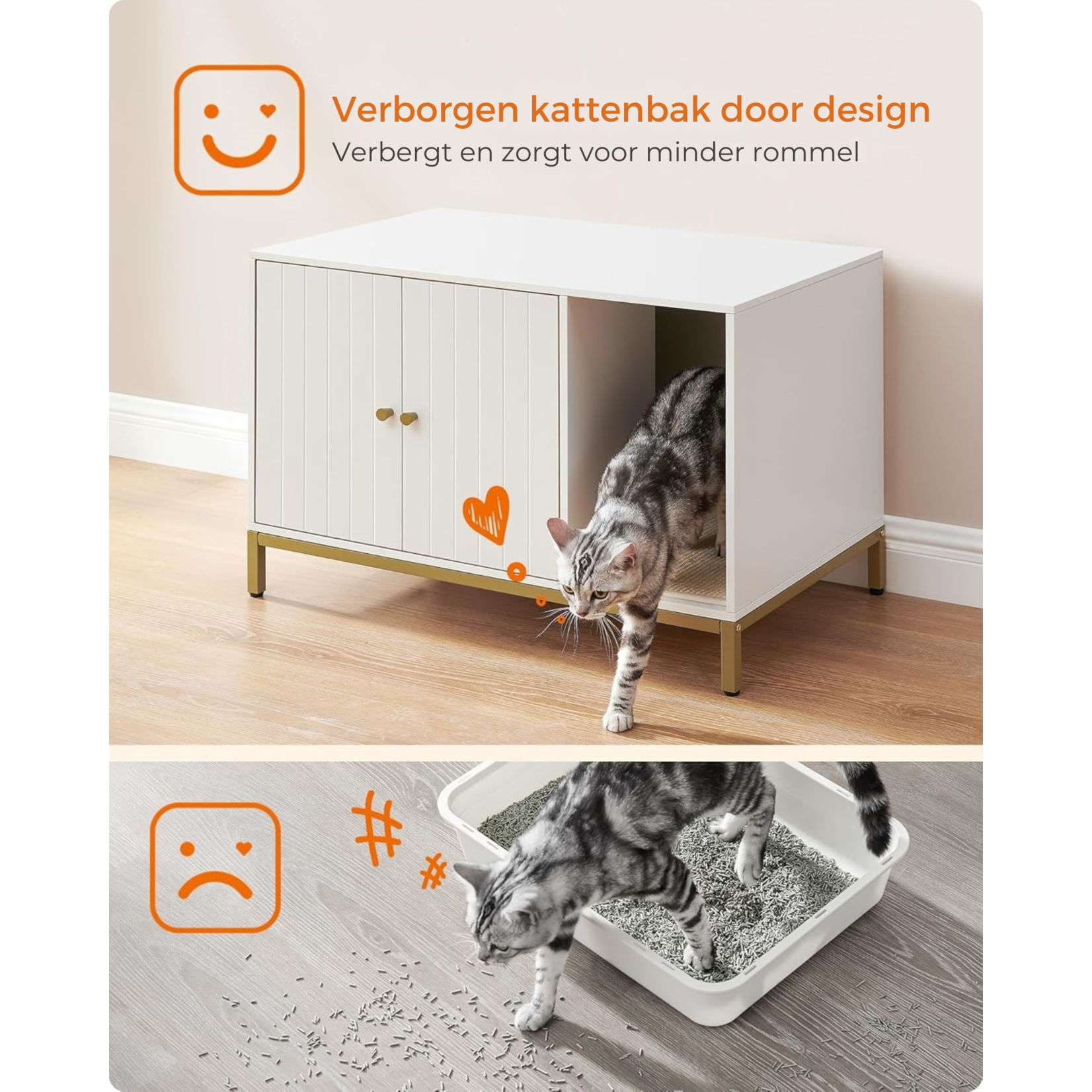 Bobbel Home Bobbel Home Luxurious Litter Box Furniture - Stylish Hidden Litter Box with Scratching Mat, Tall Legs & Side Table - White & Gold (80x50x55 cm)