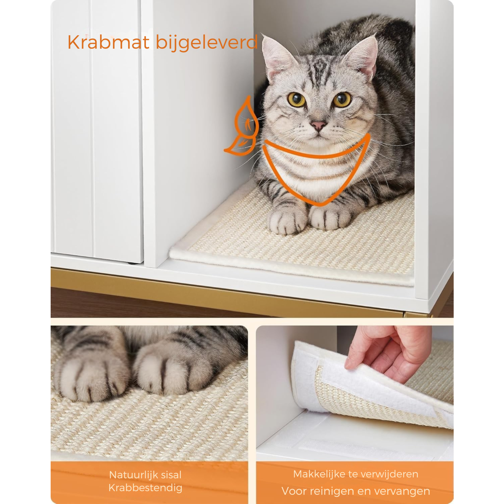 Bobbel Home Bobbel Home Luxurious Litter Box Furniture - Stylish Hidden Litter Box with Scratching Mat, Tall Legs & Side Table - White & Gold (80x50x55 cm)