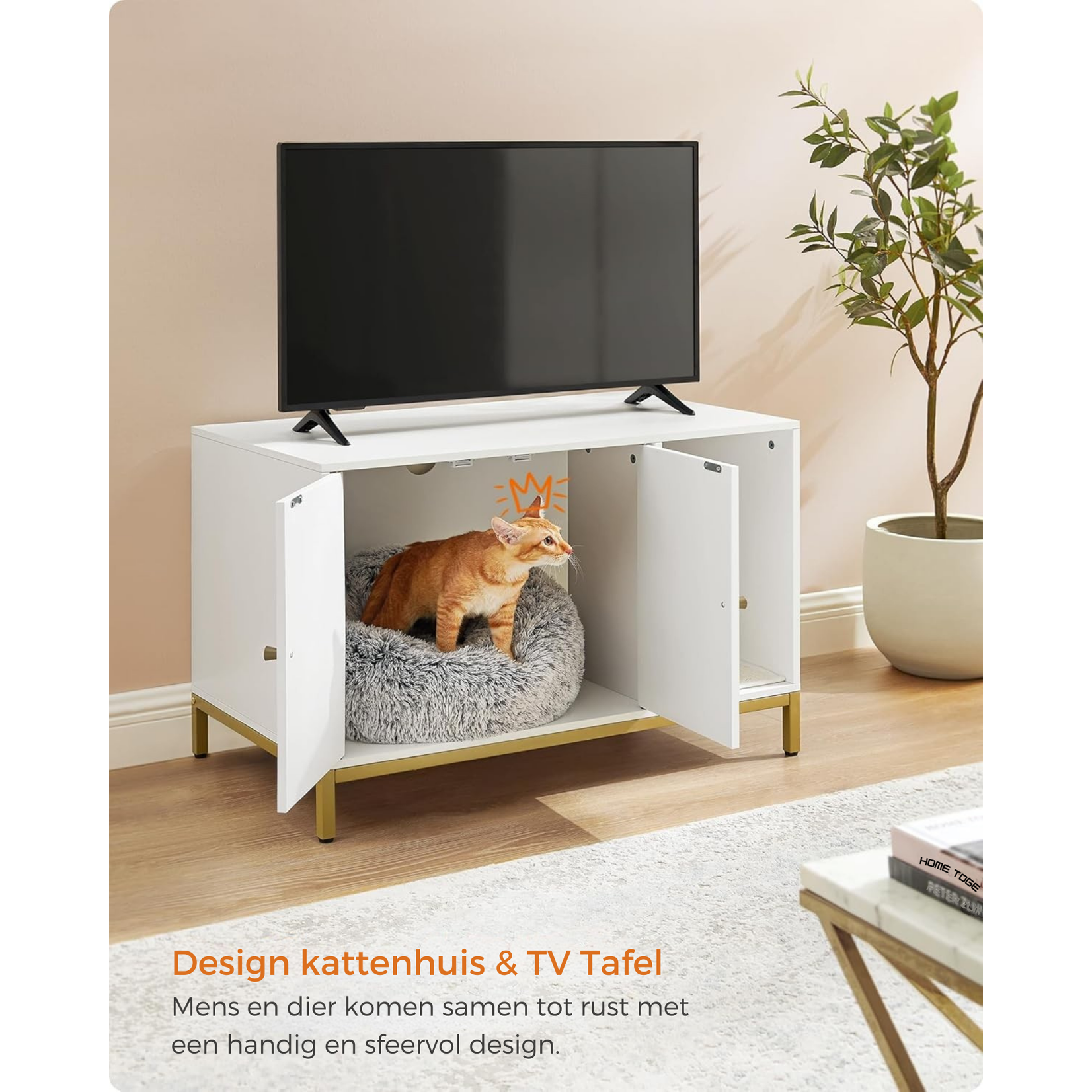 Bobbel Home Bobbel Home Luxurious Litter Box Furniture - Stylish Hidden Litter Box with Scratching Mat, Tall Legs & Side Table - White & Gold (80x50x55 cm)