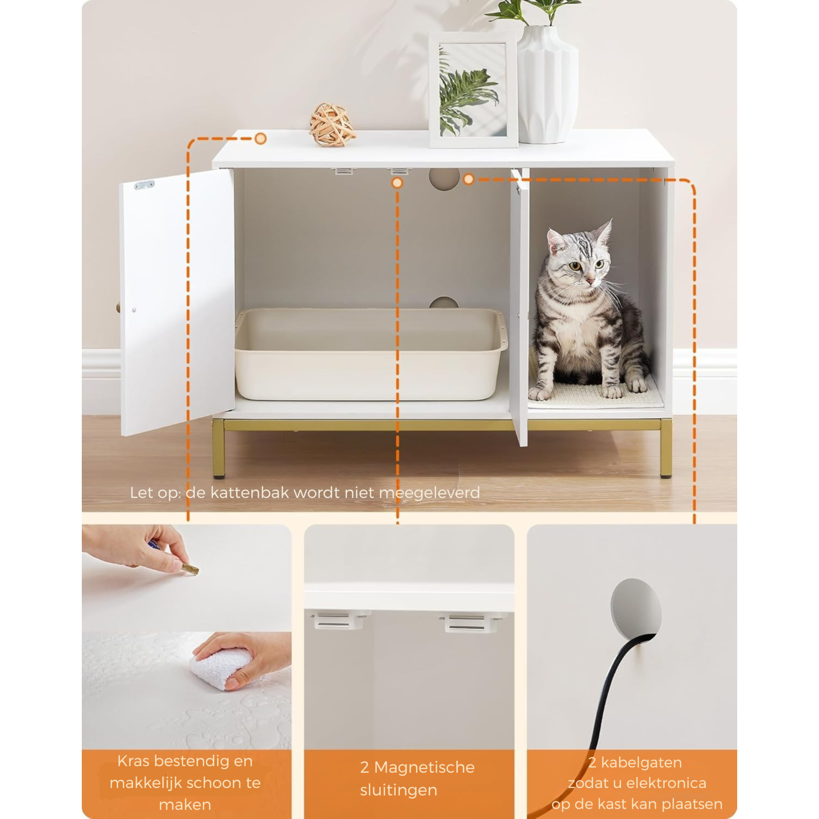 Bobbel Home Bobbel Home Luxe Kattenbak Meubel – Stijlvolle Verborgen Kattenbak met Krabmat, Hoge Poten & Bijzettafel – Wit & Goud (80x50x55 cm)