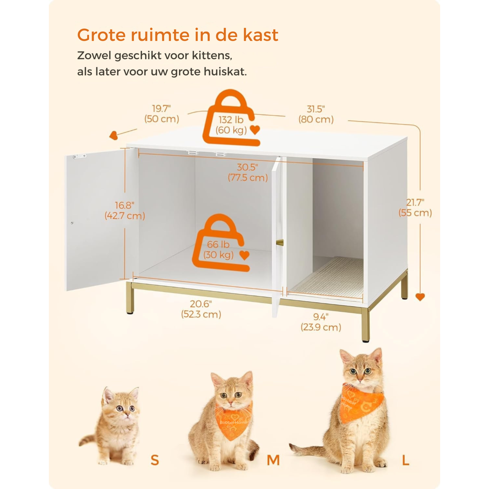 Bobbel Home Bobbel Home Luxe Kattenbak Meubel – Stijlvolle Verborgen Kattenbak met Krabmat, Hoge Poten & Bijzettafel – Wit & Goud (80x50x55 cm)