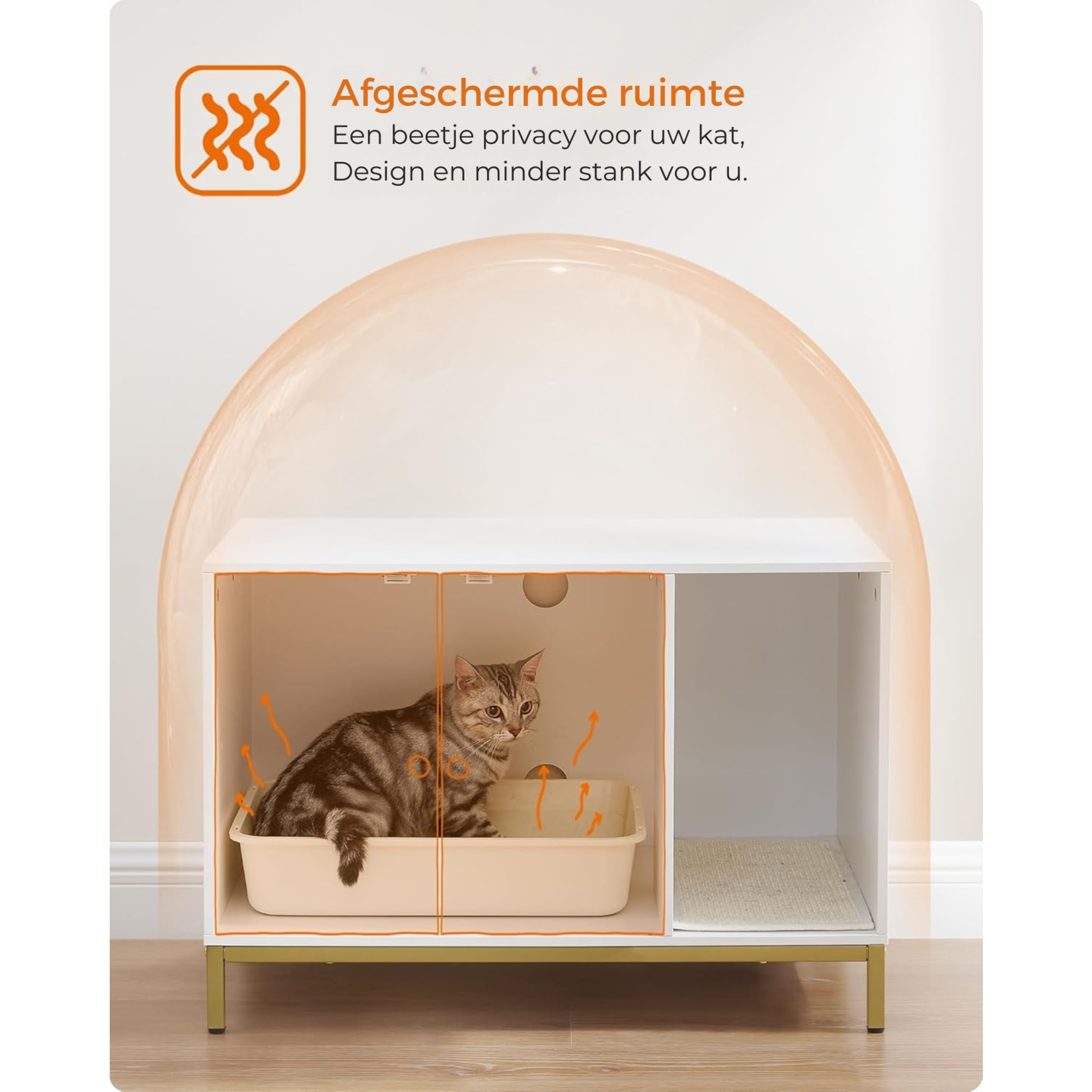 Bobbel Home Bobbel Home Luxe Kattenbak Meubel – Stijlvolle Verborgen Kattenbak met Krabmat, Hoge Poten & Bijzettafel – Wit & Goud (80x50x55 cm)