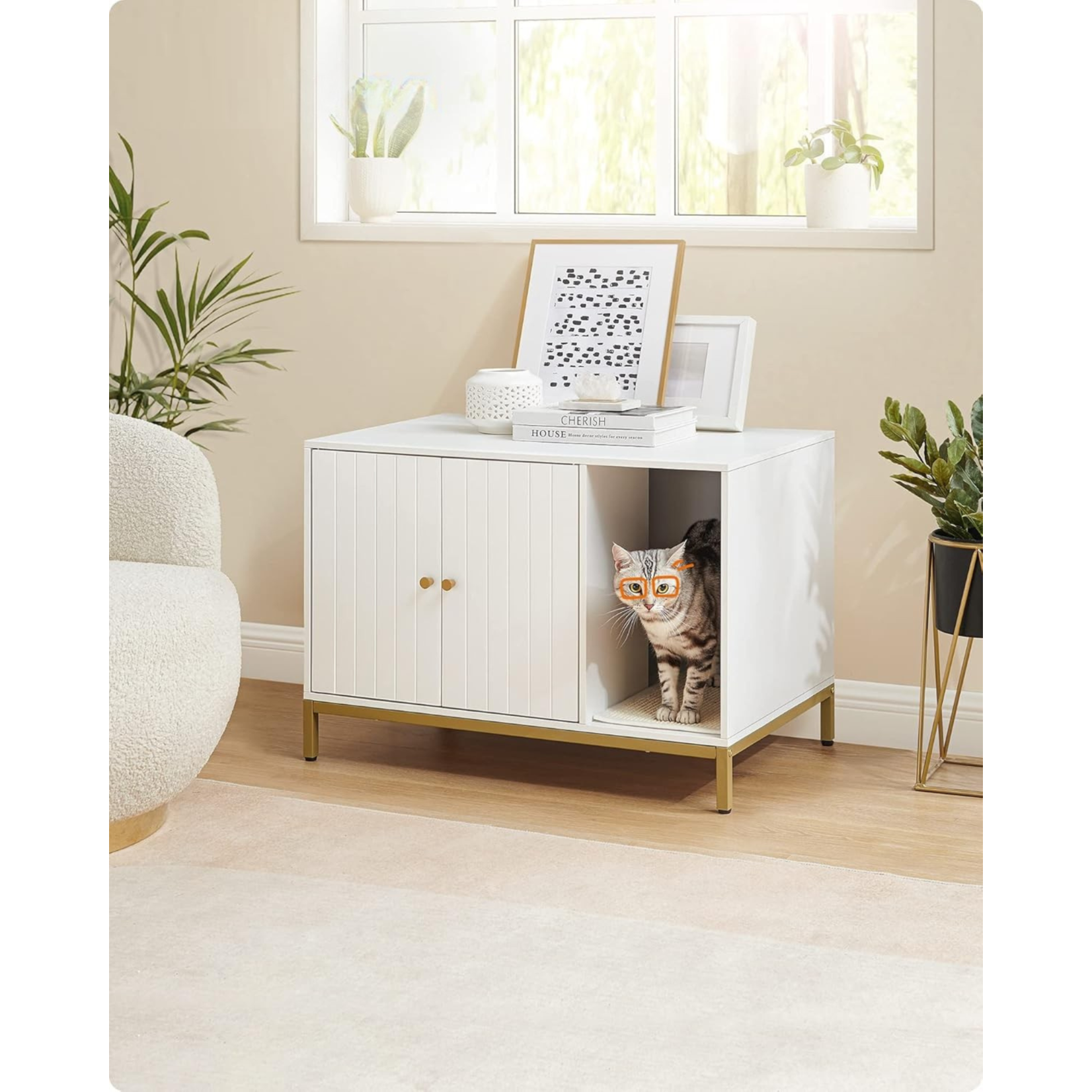 Bobbel Home Bobbel Home Luxe Kattenbak Meubel – Stijlvolle Verborgen Kattenbak met Krabmat, Hoge Poten & Bijzettafel – Wit & Goud (80x50x55 cm)