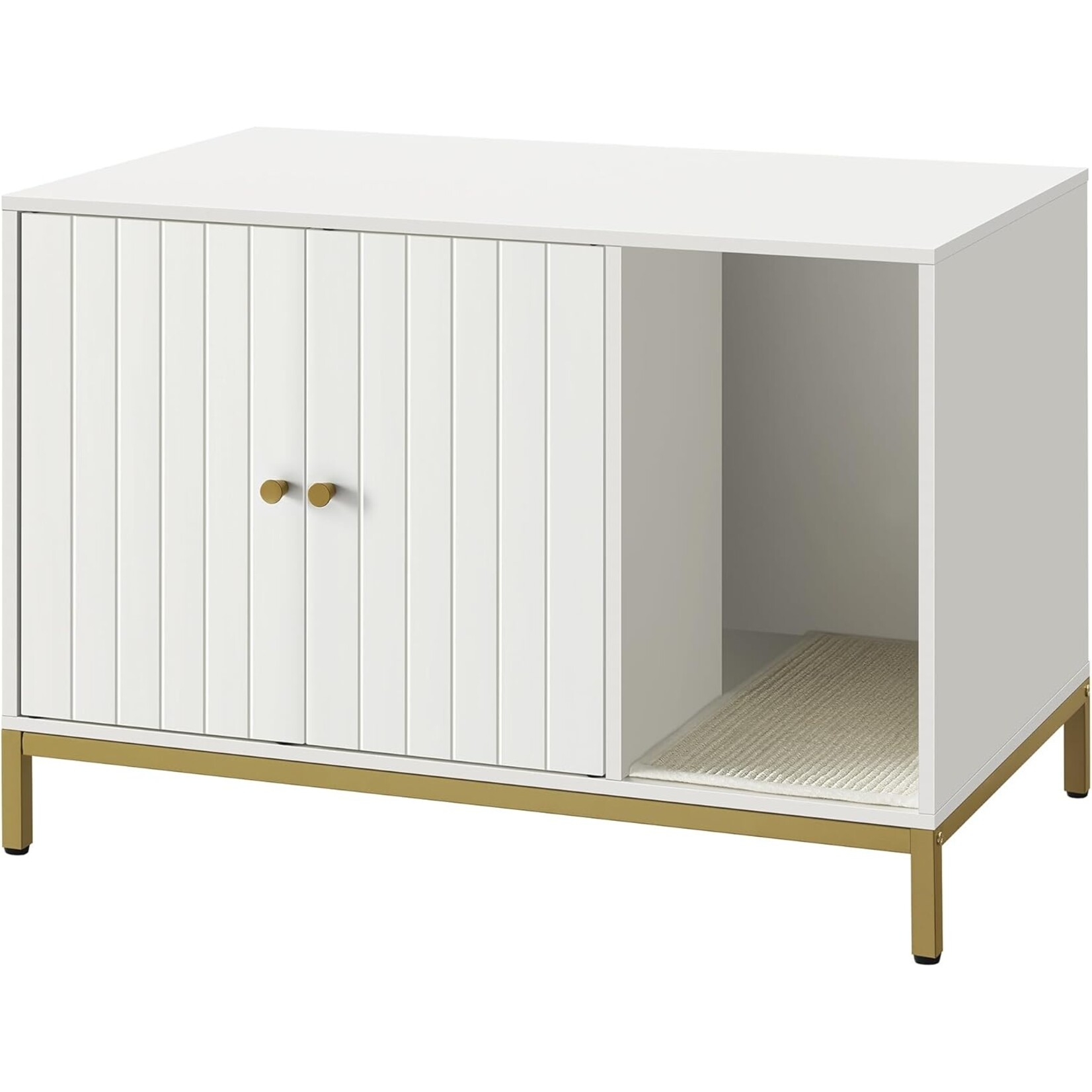 Bobbel Home Bobbel Home Luxe Kattenbak Meubel – Stijlvolle Verborgen Kattenbak met Krabmat, Hoge Poten & Bijzettafel – Wit & Goud (80x50x55 cm)