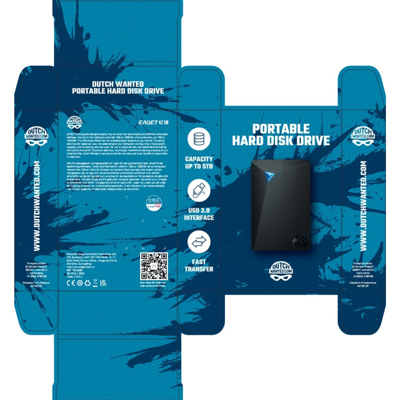 Dutch Wanted Dutch Wanted Double-  HDD Externe Harde Schijf - Snelle writing speed - 1TB (2x 500GB) dubbele schijf van 2x 500GB voor directe back up - Plug and play - Opslag extern pc of laptop - USB 3.2 - Zwart