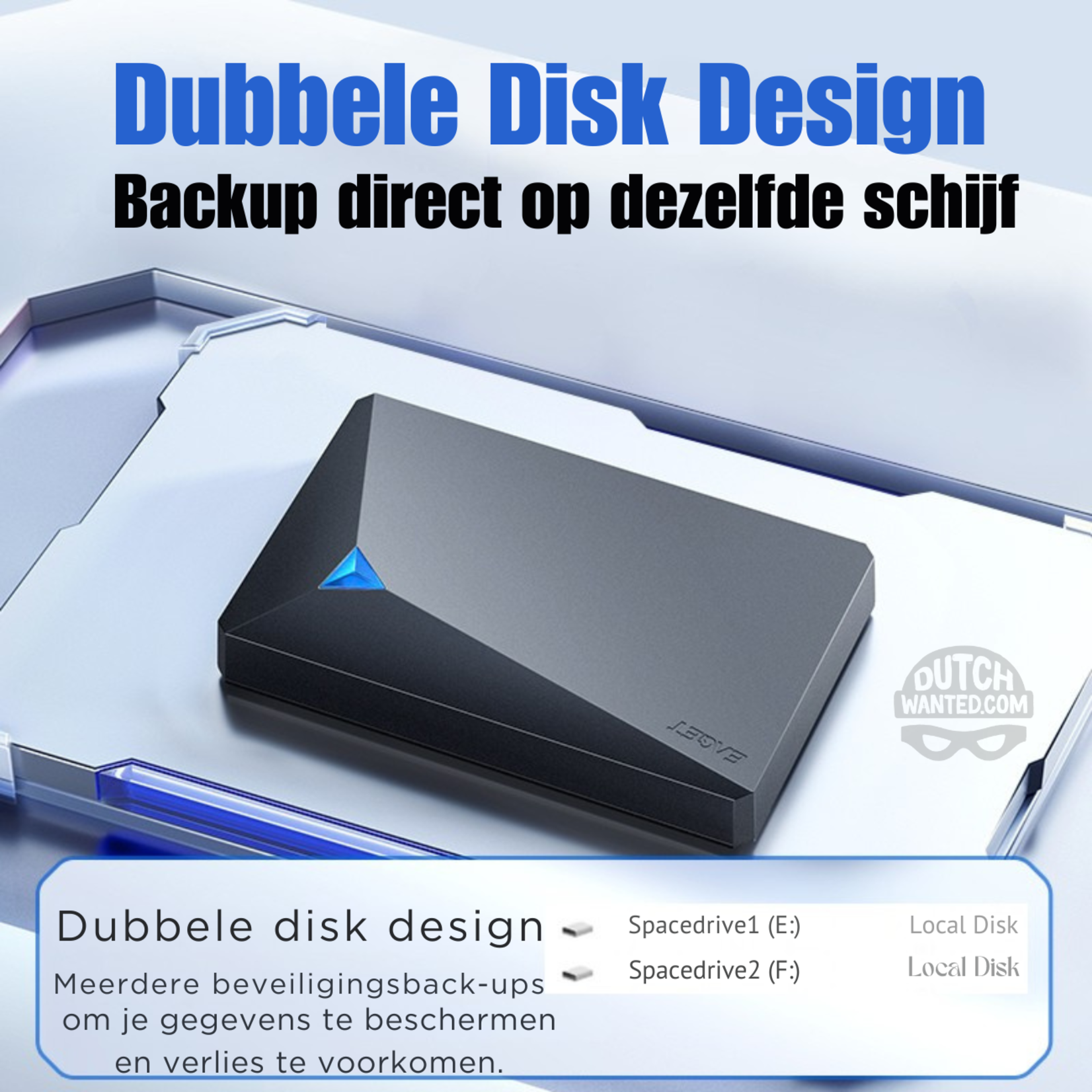 Dutch Wanted Dutch Wanted Double- HDD External Hard Disk - Fast writing speed - 1TB (2x 500GB) dual disk of 2x 500GB for direct backup - Plug and play - External PC or laptop storage - USB 3.2 - Black
