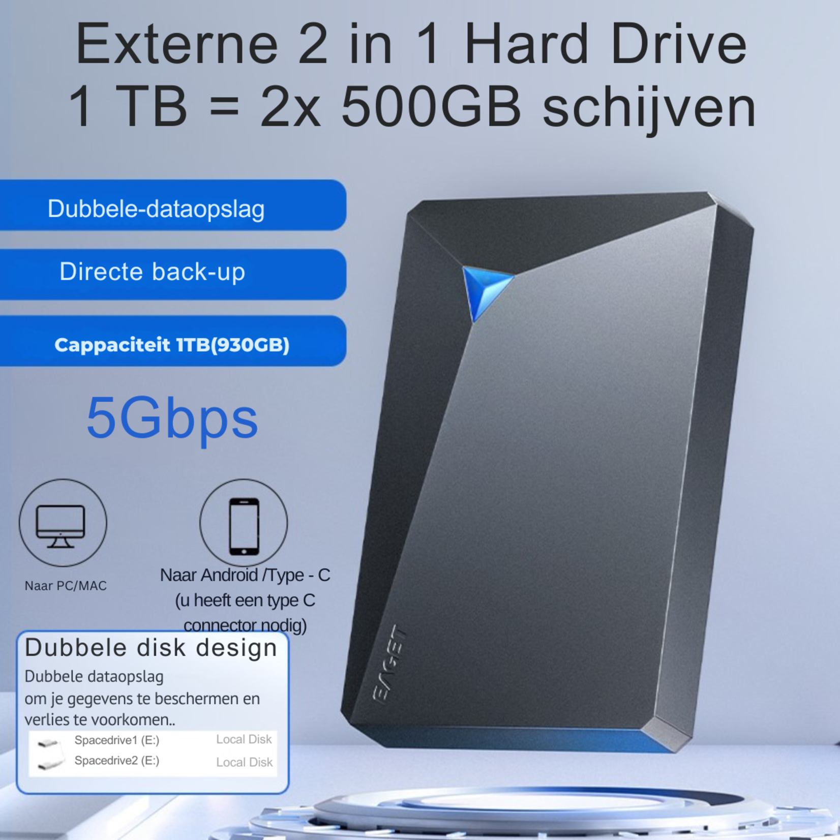 Dutch Wanted Dutch Wanted Double- HDD External Hard Disk - Fast writing speed - 1TB (2x 500GB) dual disk of 2x 500GB for direct backup - Plug and play - External PC or laptop storage - USB 3.2 - Black