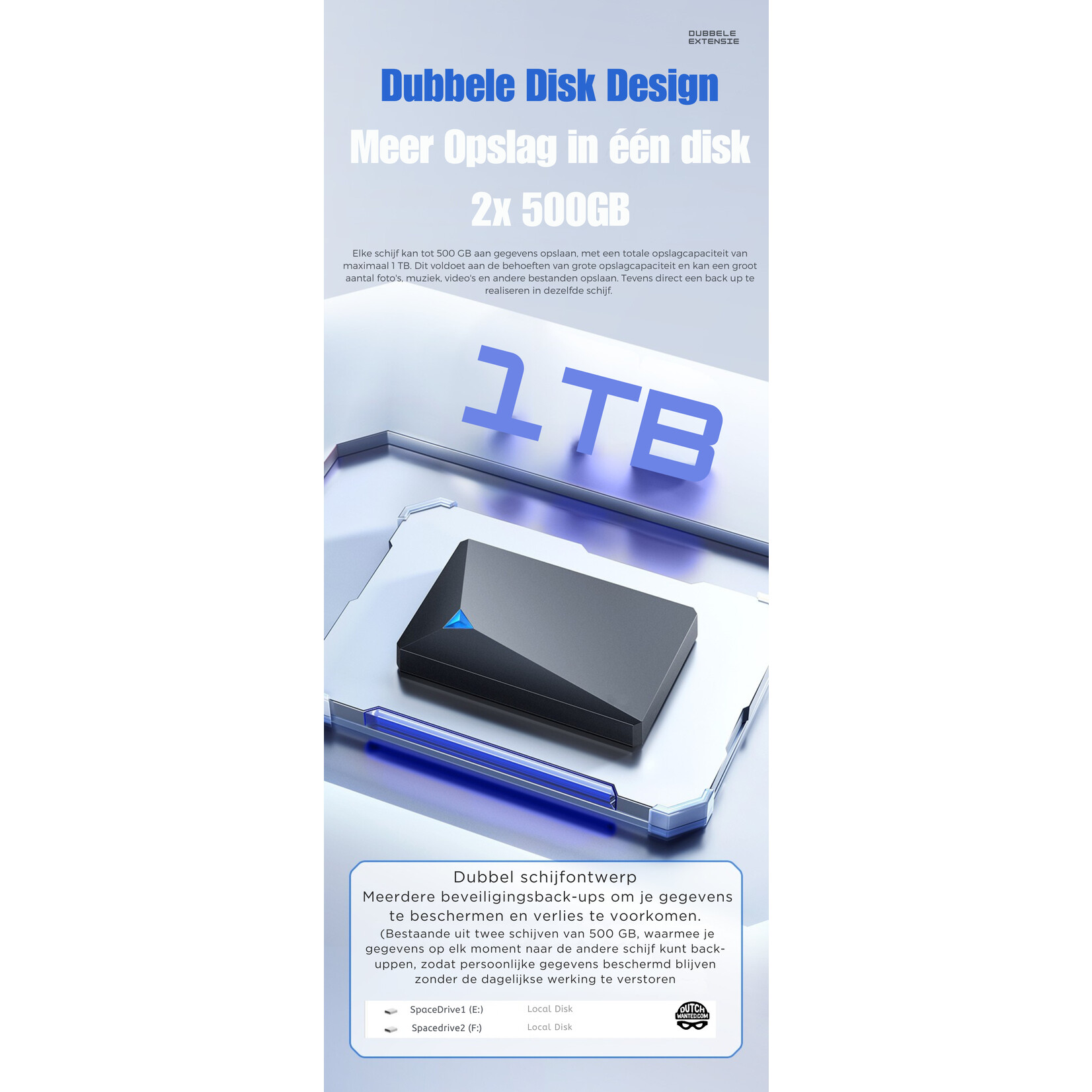 Dutch Wanted Dutch Wanted Double-  HDD Externe Harde Schijf - Snelle writing speed - 1TB (2x 500GB) dubbele schijf van 2x 500GB voor directe back up - Plug and play - Opslag extern pc of laptop - USB 3.2 - Zwart
