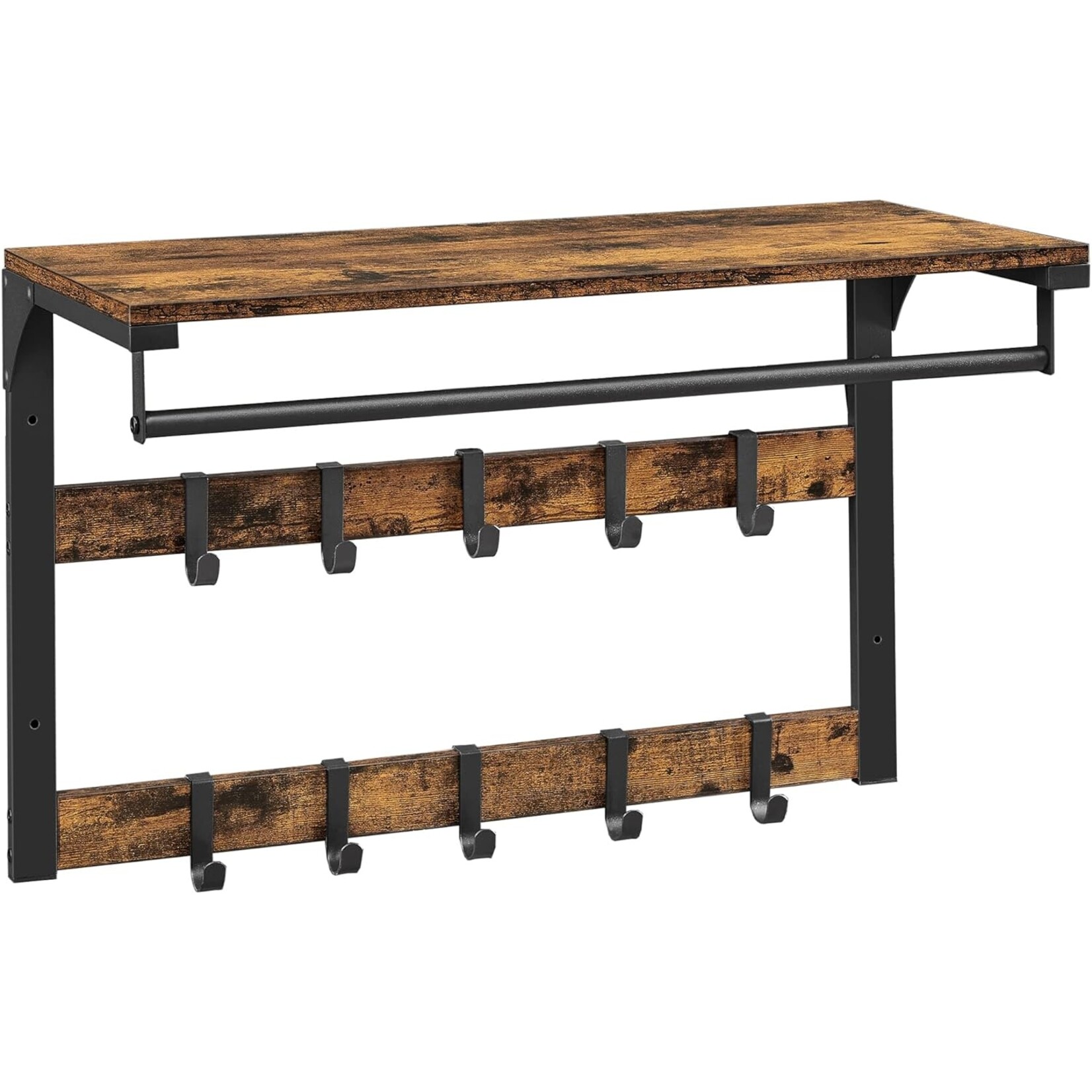 Parya Home Wall Coat Rack with Shelf – Space-saving wall shelf with 10 removable hooks, vintage brown-black