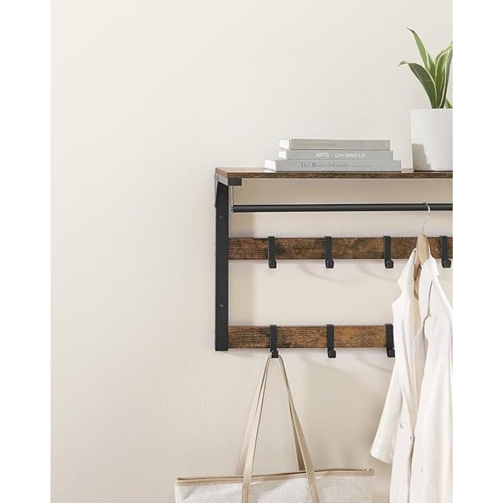 Parya Home Wall Coat Rack with Shelf – Space-saving wall shelf with 10 removable hooks, vintage brown-black