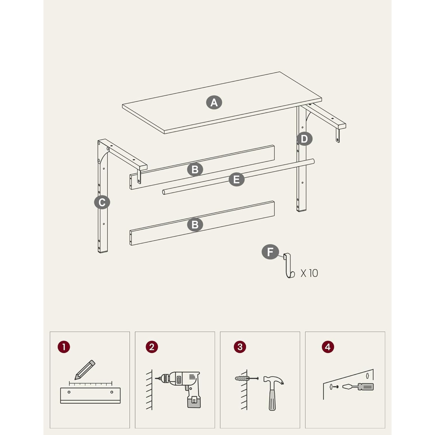 Parya Home Parya Home Wall Coat Rack with Shelf – Space-saving wall shelf with 10 removable hooks, vintage brown-black