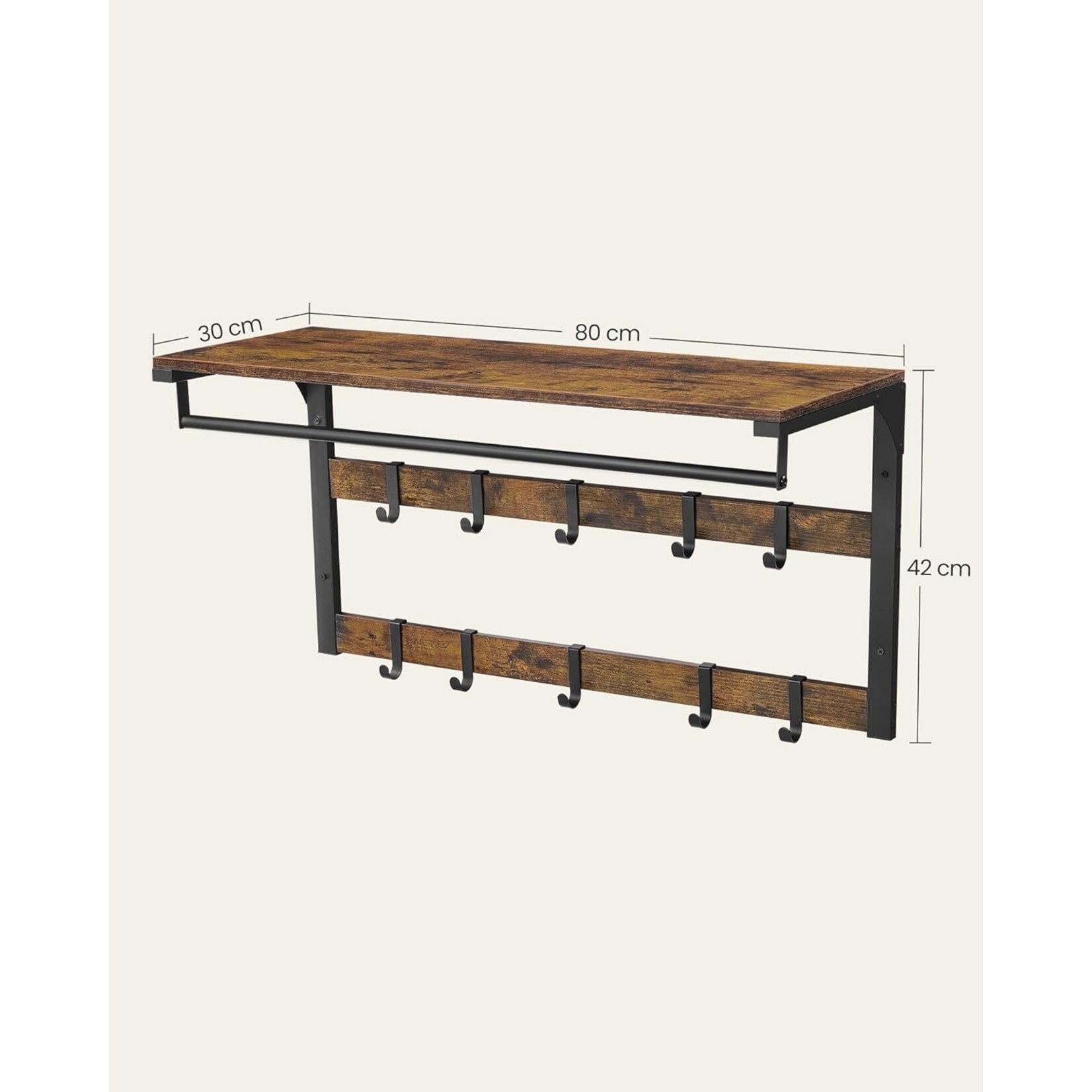 Parya Home Wall Coat Rack with Shelf – Space-saving wall shelf with 10 removable hooks, vintage brown-black