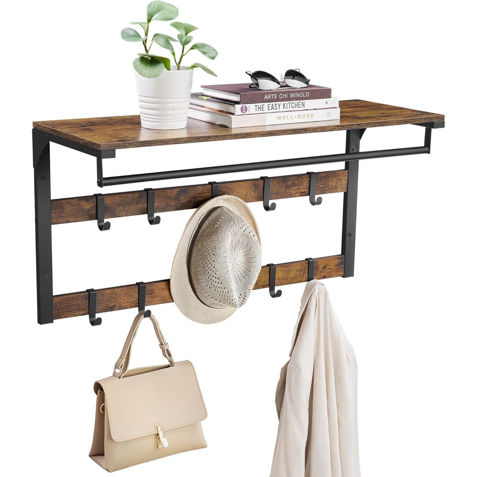 Parya Home Wall Coat Rack with Shelf – Space-saving wall shelf with 10 removable hooks, vintage brown-black