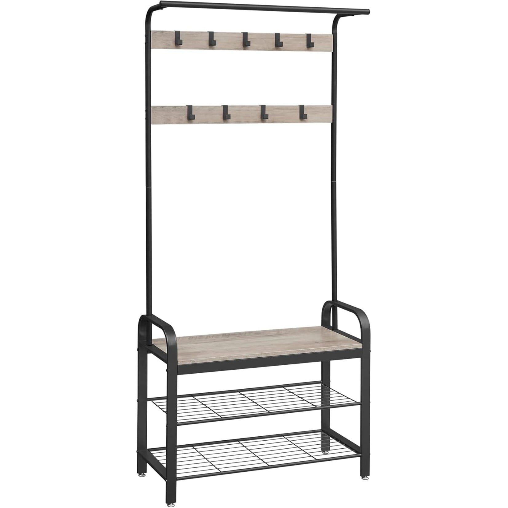 Parya Home Industrieel Kledingrek – Garderoberek met afneembare haken, bank en schoenenrek, hoogte 183 cm, grijsbruin-zwart