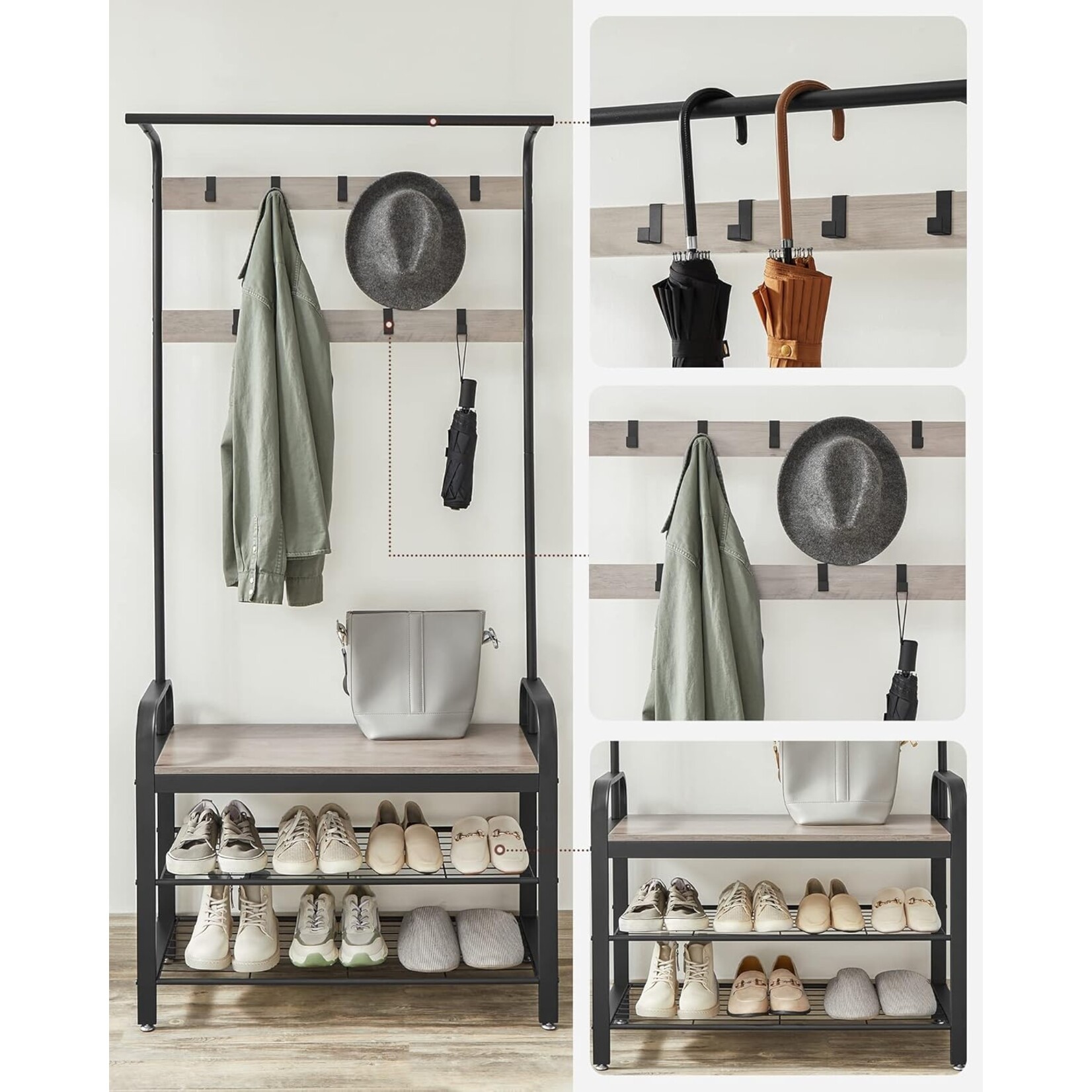 Parya Home Industrial Coat Rack – Coat rack with detachable hooks, bench and shoe rack, height 183 cm, gray-brown-black