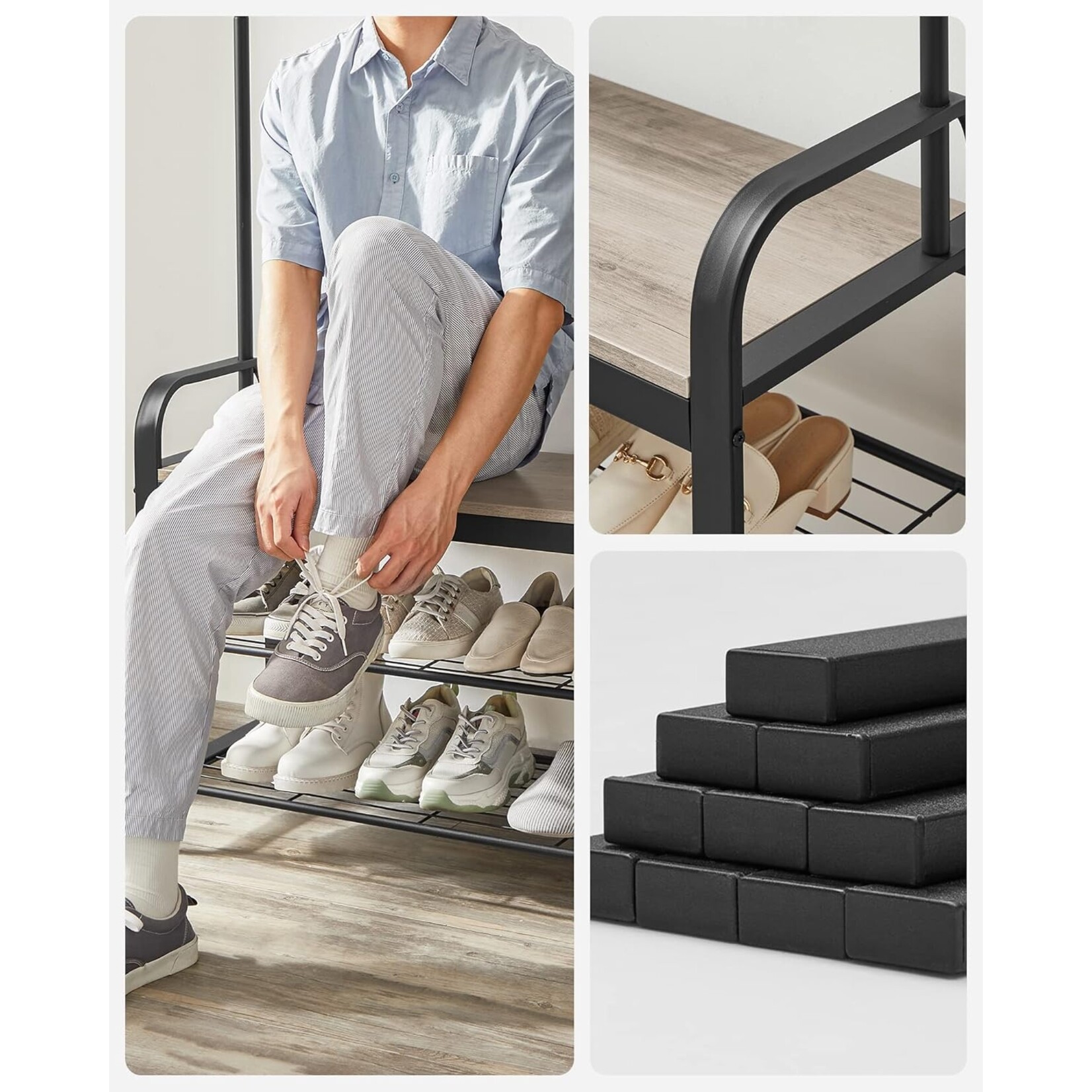 Parya Home Industrial Coat Rack – Coat rack with detachable hooks, bench and shoe rack, height 183 cm, gray-brown-black