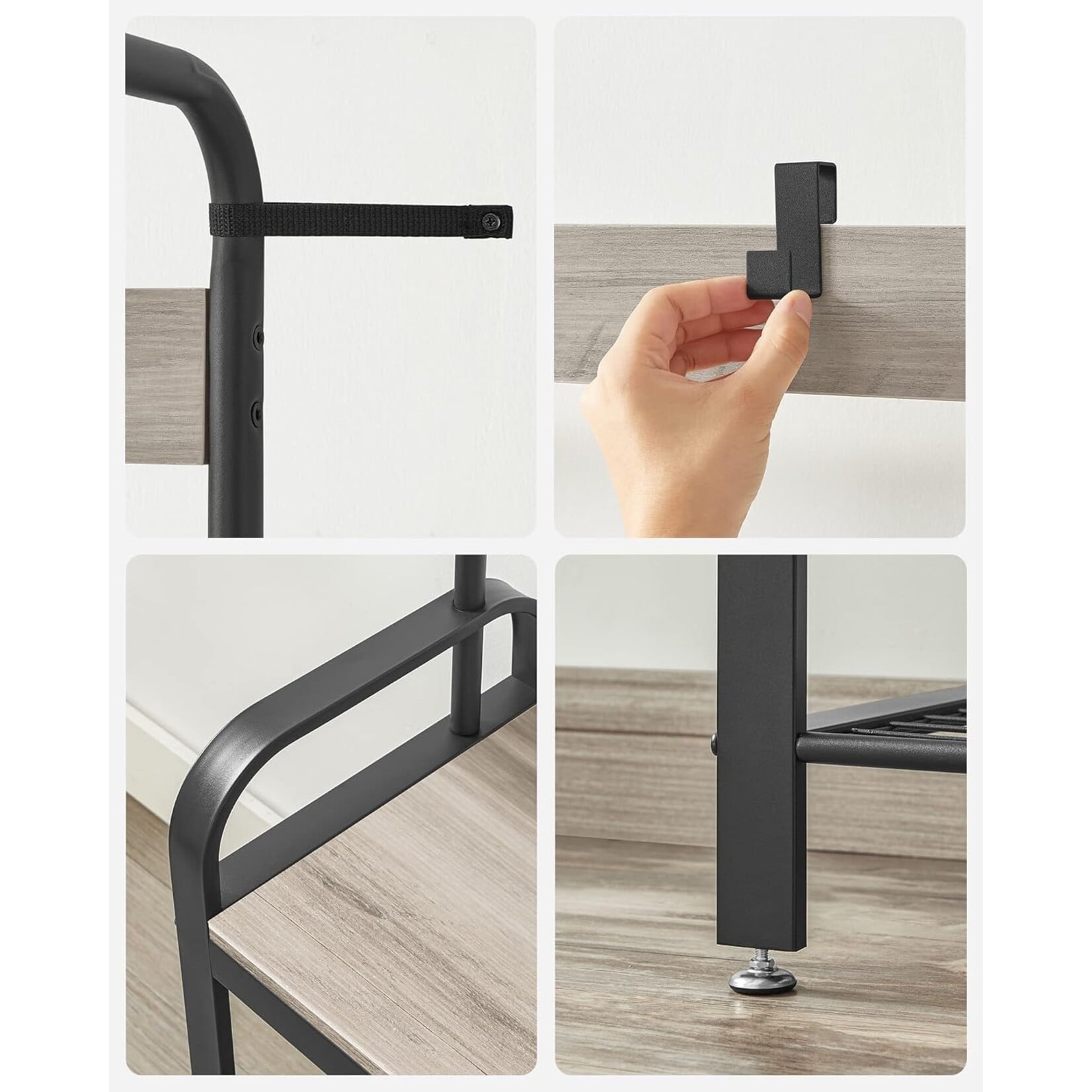 Parya Home Industrieel Kledingrek – Garderoberek met afneembare haken, bank en schoenenrek, hoogte 183 cm, grijsbruin-zwart