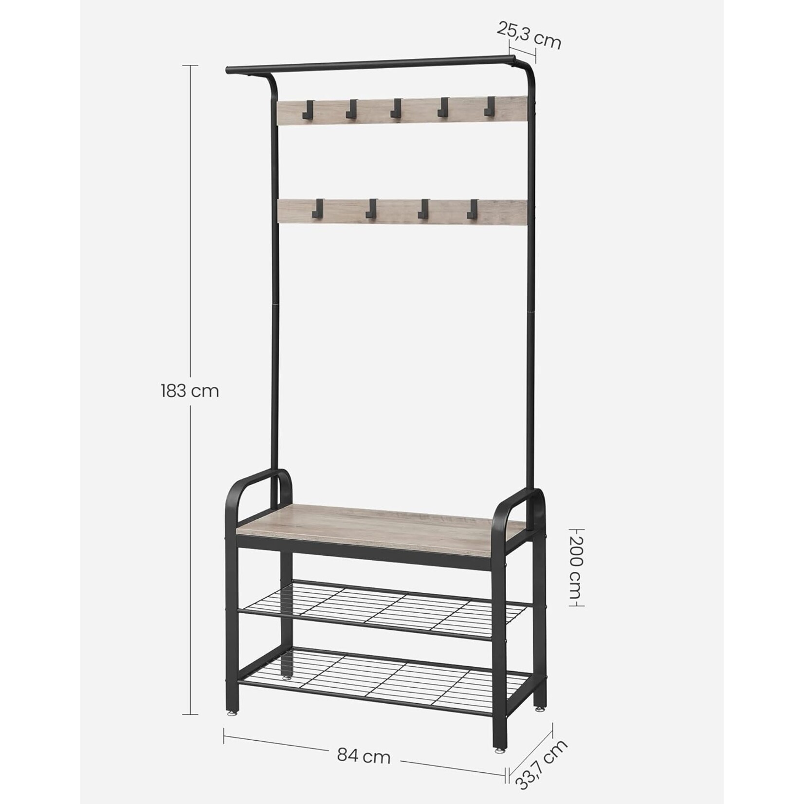 Parya Home Parya Home Industrial Coat Rack – Coat rack with detachable hooks, bench and shoe rack, height 183 cm, gray-brown-black