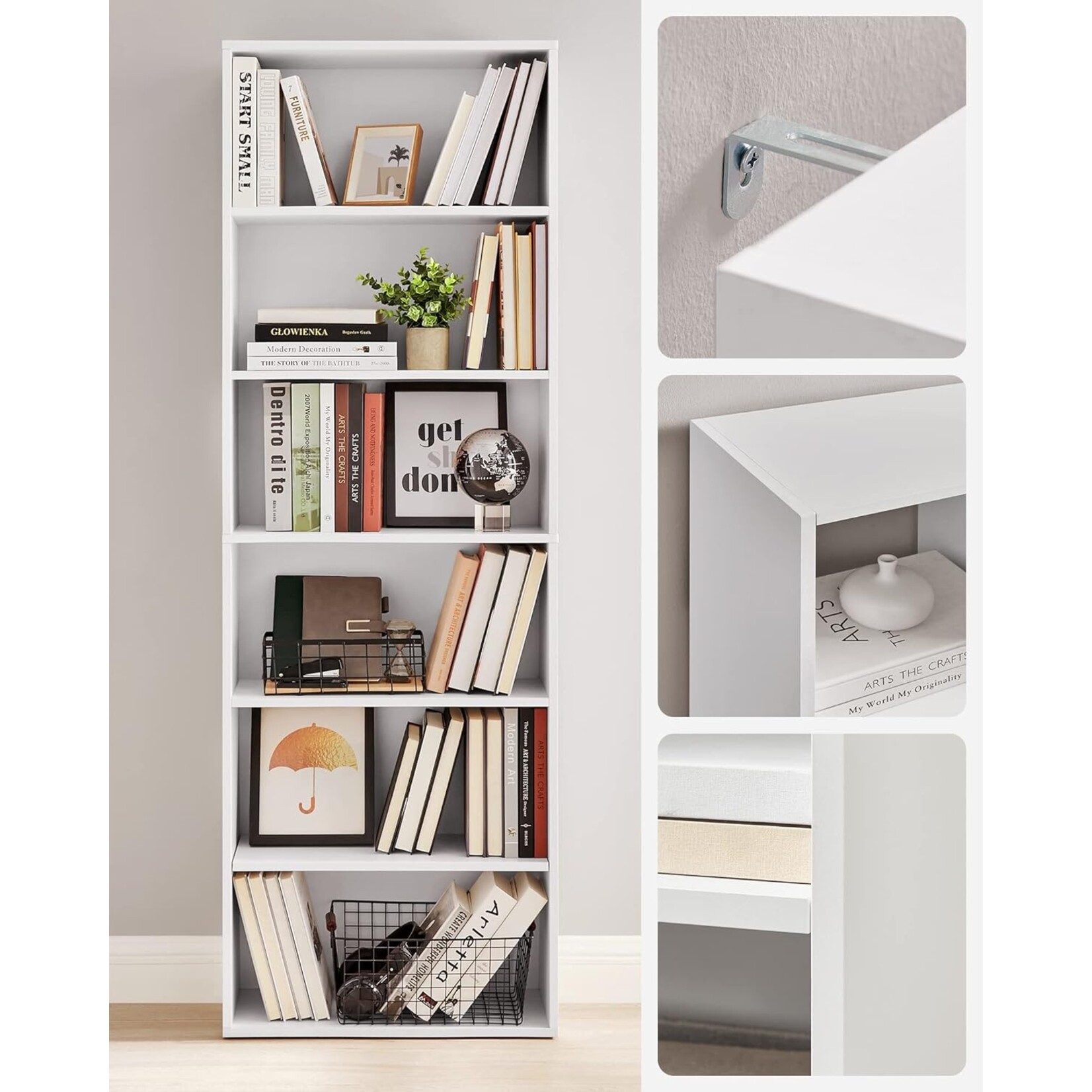 Parya Home Scandinavian Bookcase – Free-standing storage rack with 6 levels, 24 x 60 x 178.5 cm, white