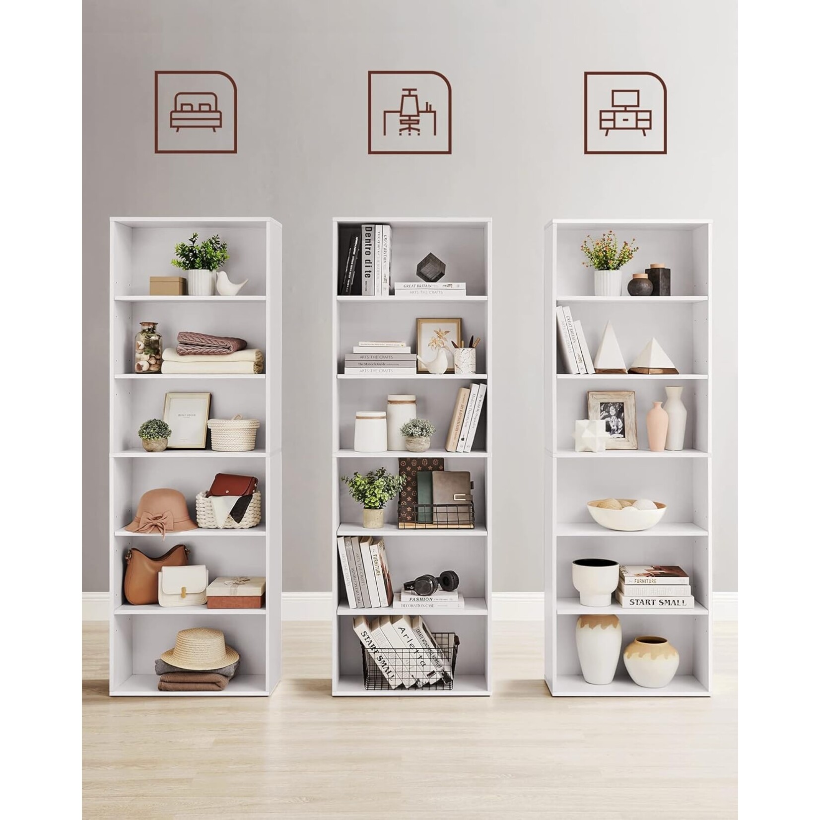 Parya Home Parya Home Scandinavische Boekenkast – Staand opbergrek met 6 niveaus, 24 x 60 x 178,5 cm, wit