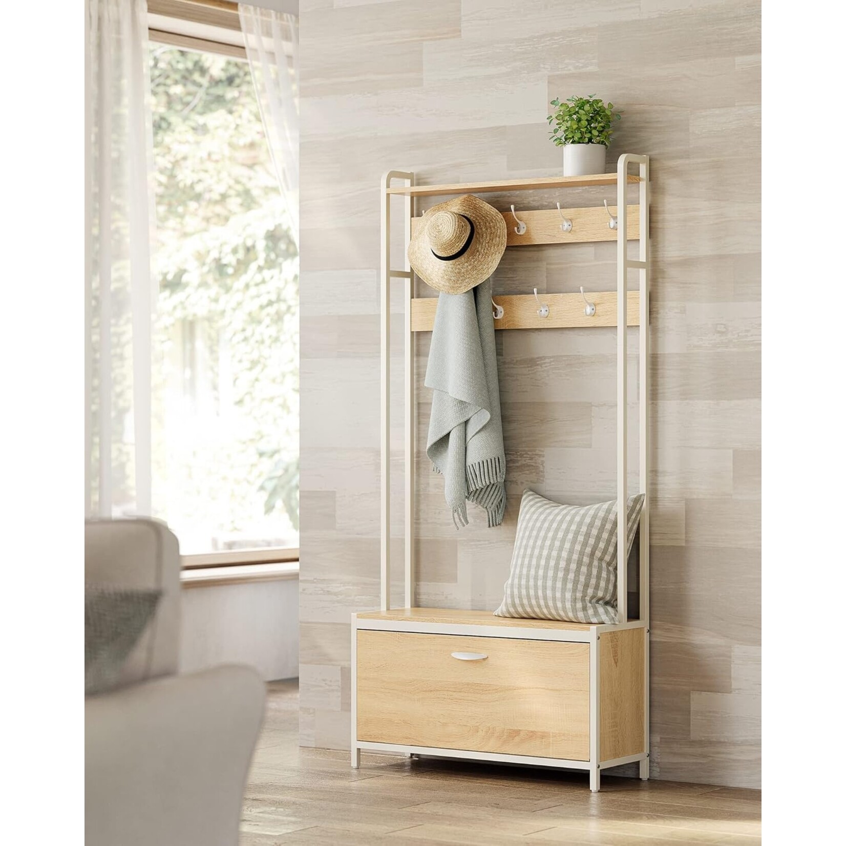 Parya Home Parya Home Moderne Garderobekast – Kapstok met schoenenkast, kledingrek en zitbank, eiken-wit