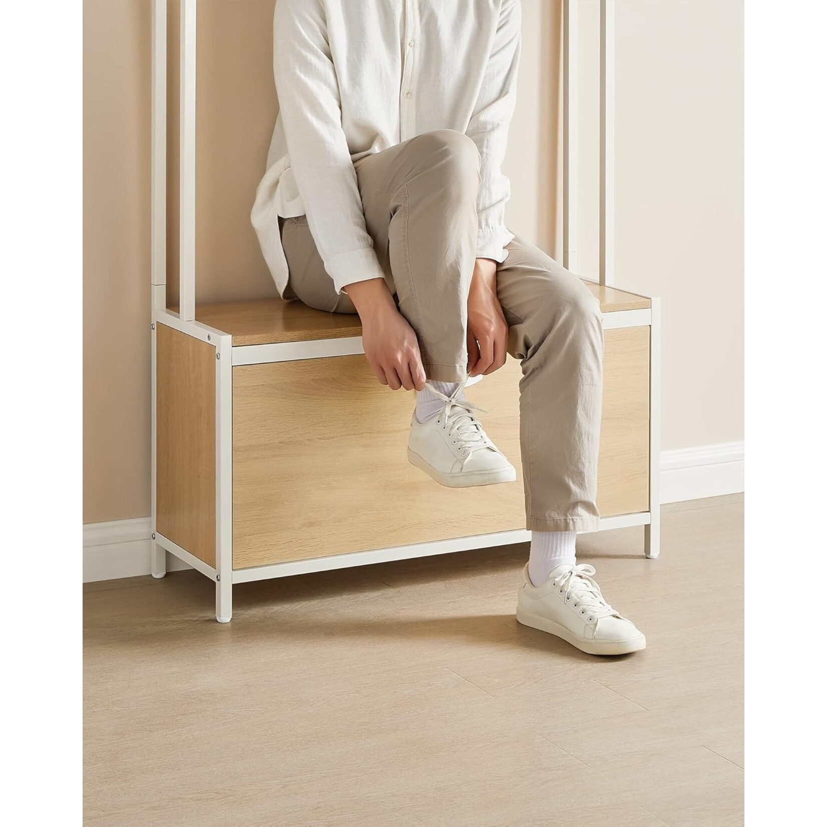 Parya Home Parya Home Modern Wardrobe – Coat rack with shoe cabinet, clothes rack and bench, oak-white