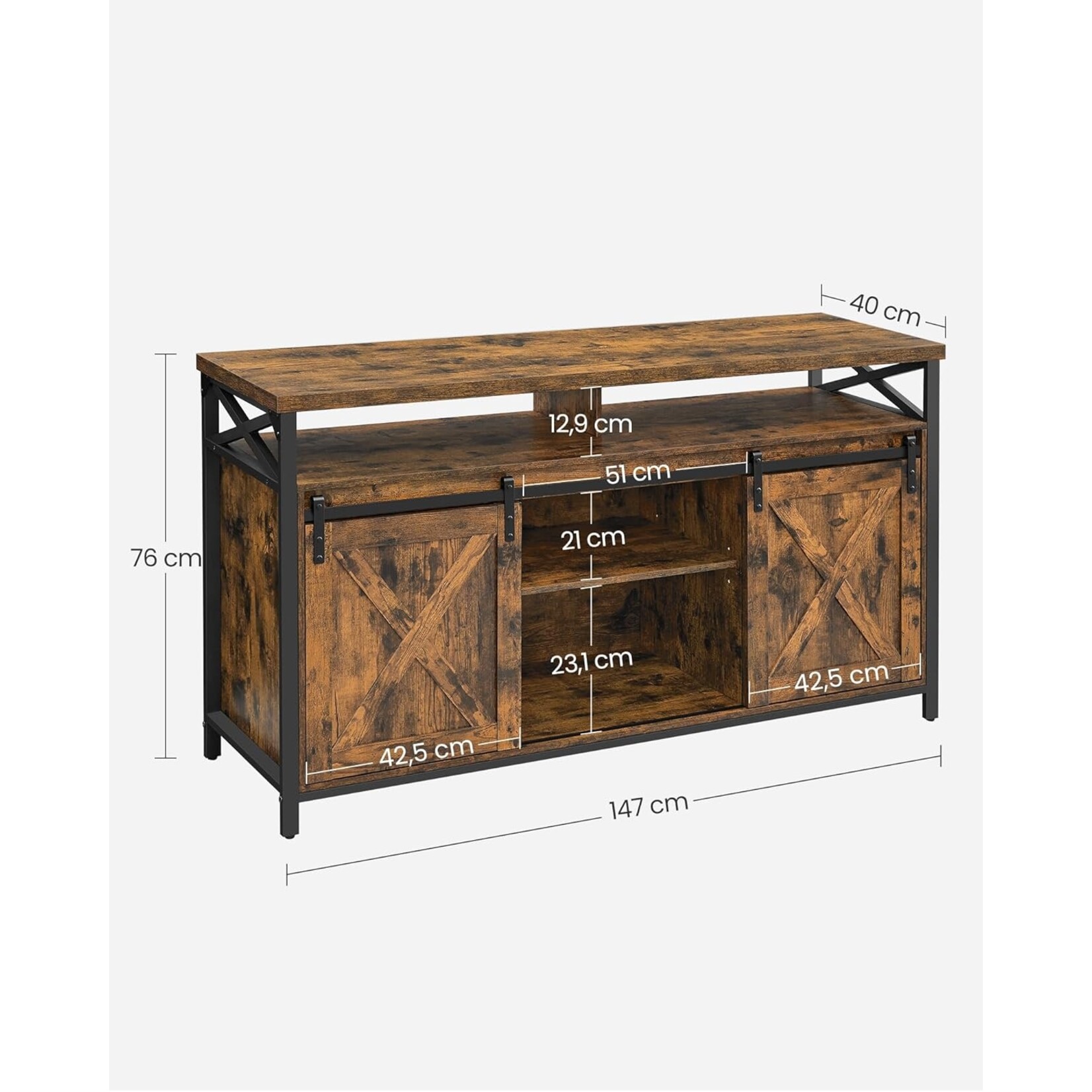 Parya Home TV Stand - Lowboard for televisions up to 65 inches, with adjustable shelves and rustic door, vintage brown-black