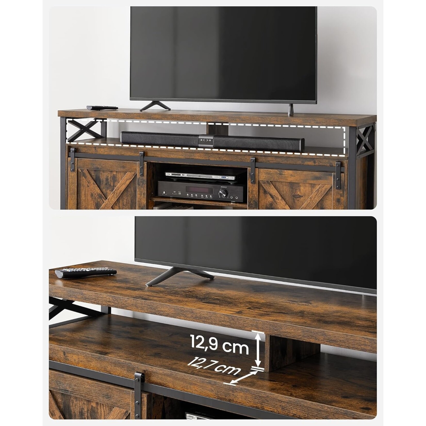 Parya Home TV Stand - Lowboard for televisions up to 65 inches, with adjustable shelves and rustic door, vintage brown-black