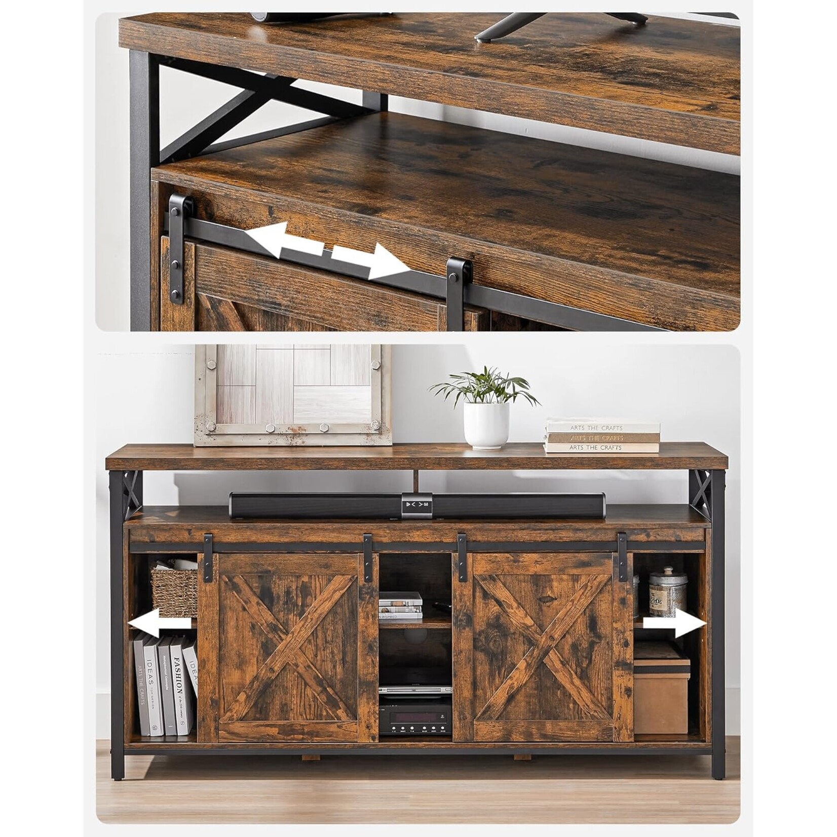 Parya Home TV Stand - Lowboard for televisions up to 65 inches, with adjustable shelves and rustic door, vintage brown-black